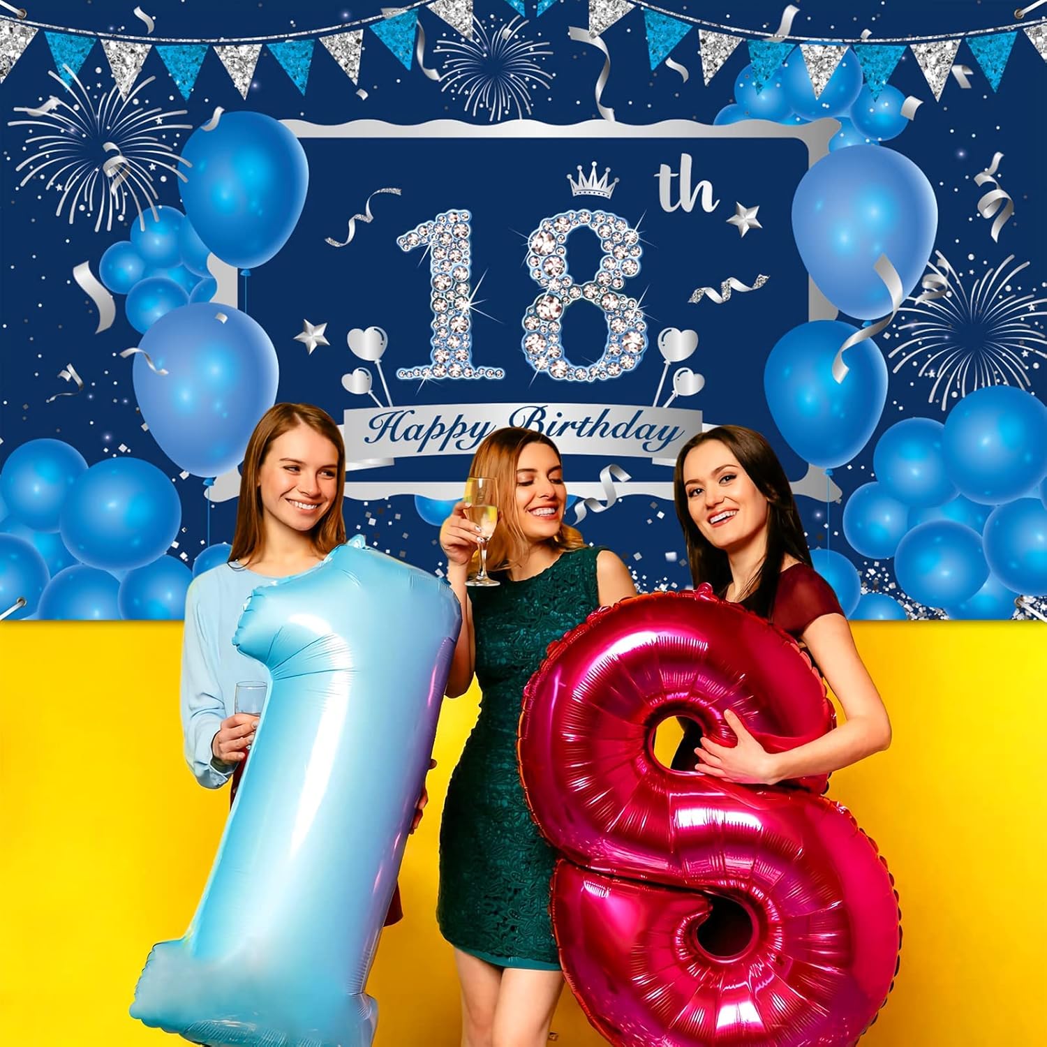 Cartel azul de decoración de cumpleaños número 18 para niños y niñas, telón de fondo azul marino y plateado de feliz cumpleaños 18, suministros de