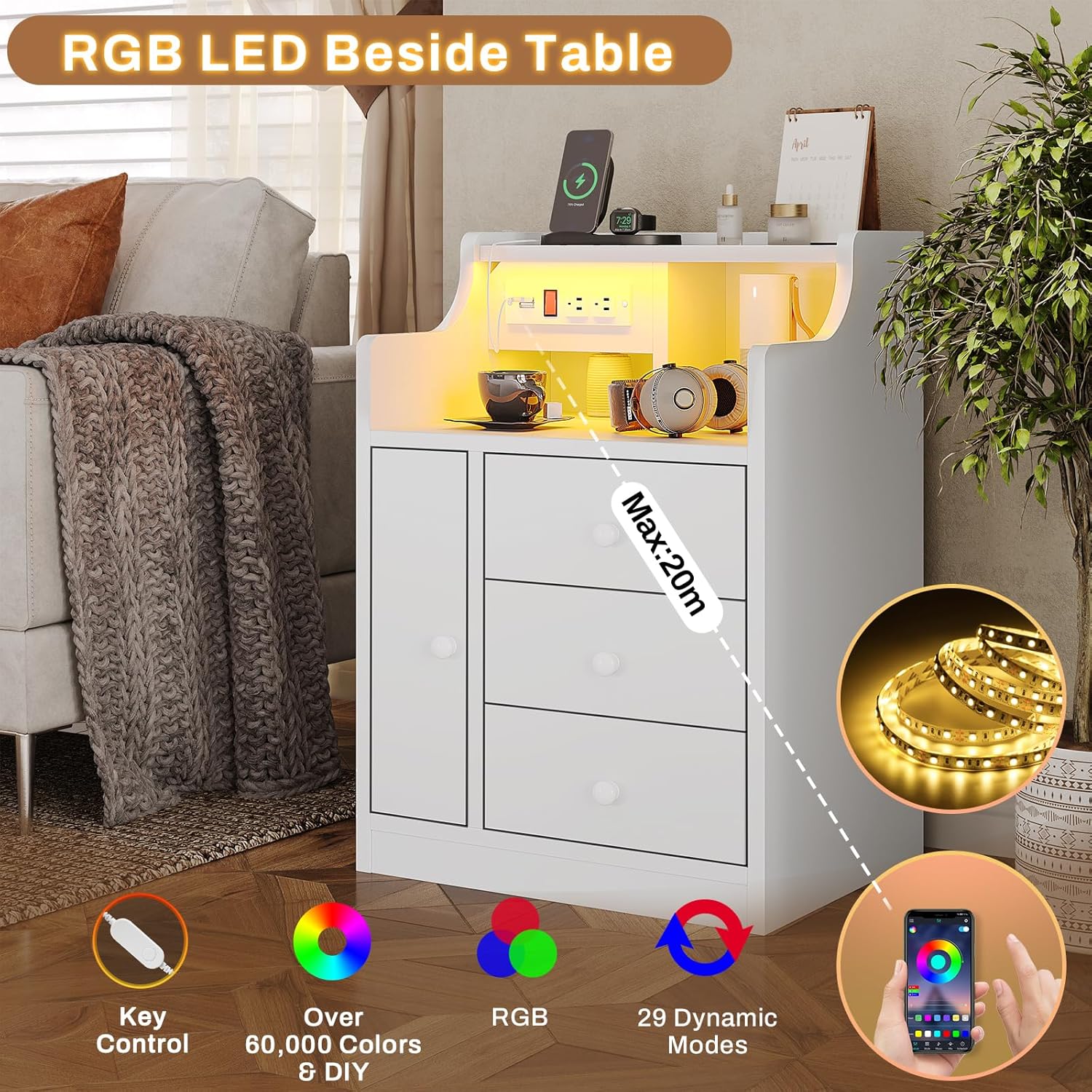 ADORNEVE Juego de 2 mesitas de noche blancas, mesita de noche LED con estación de carga, mesita de noche con cajones, mesa auxiliar moderna de