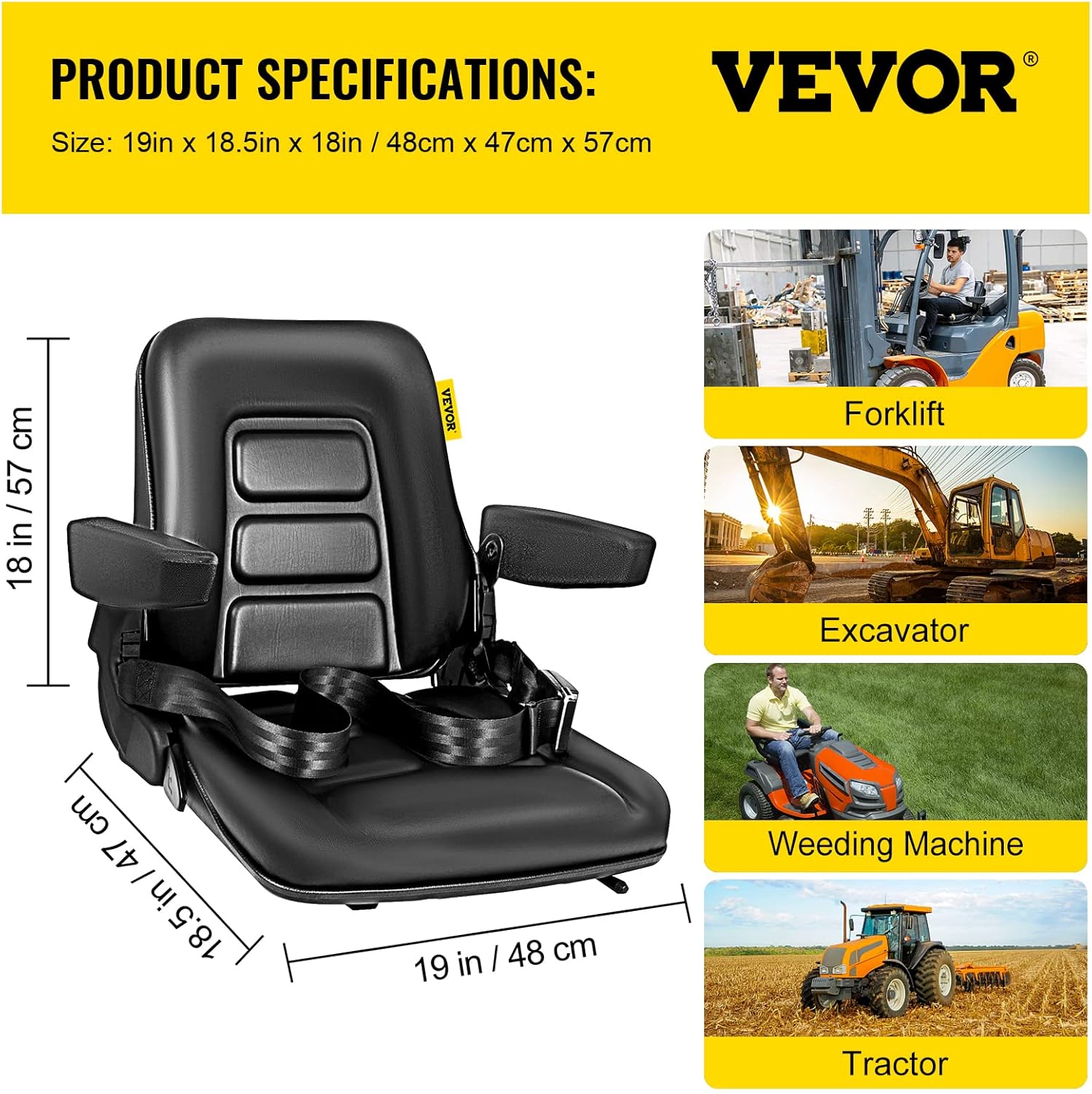 Bestauto Asiento de carretilla elevadora plegable universal con cinturón de seguridad retráctil, reposabrazos, asiento ajustable para excavadora,