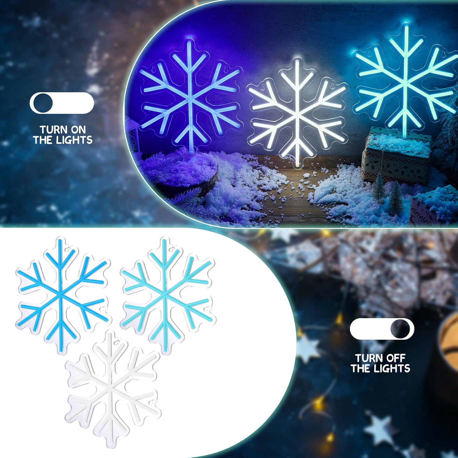 3 letreros de neón de copo de nieve, luces LED de neón de copo de nieve, luces de neón de invierno, barra de pared para ventana, decoración de sala