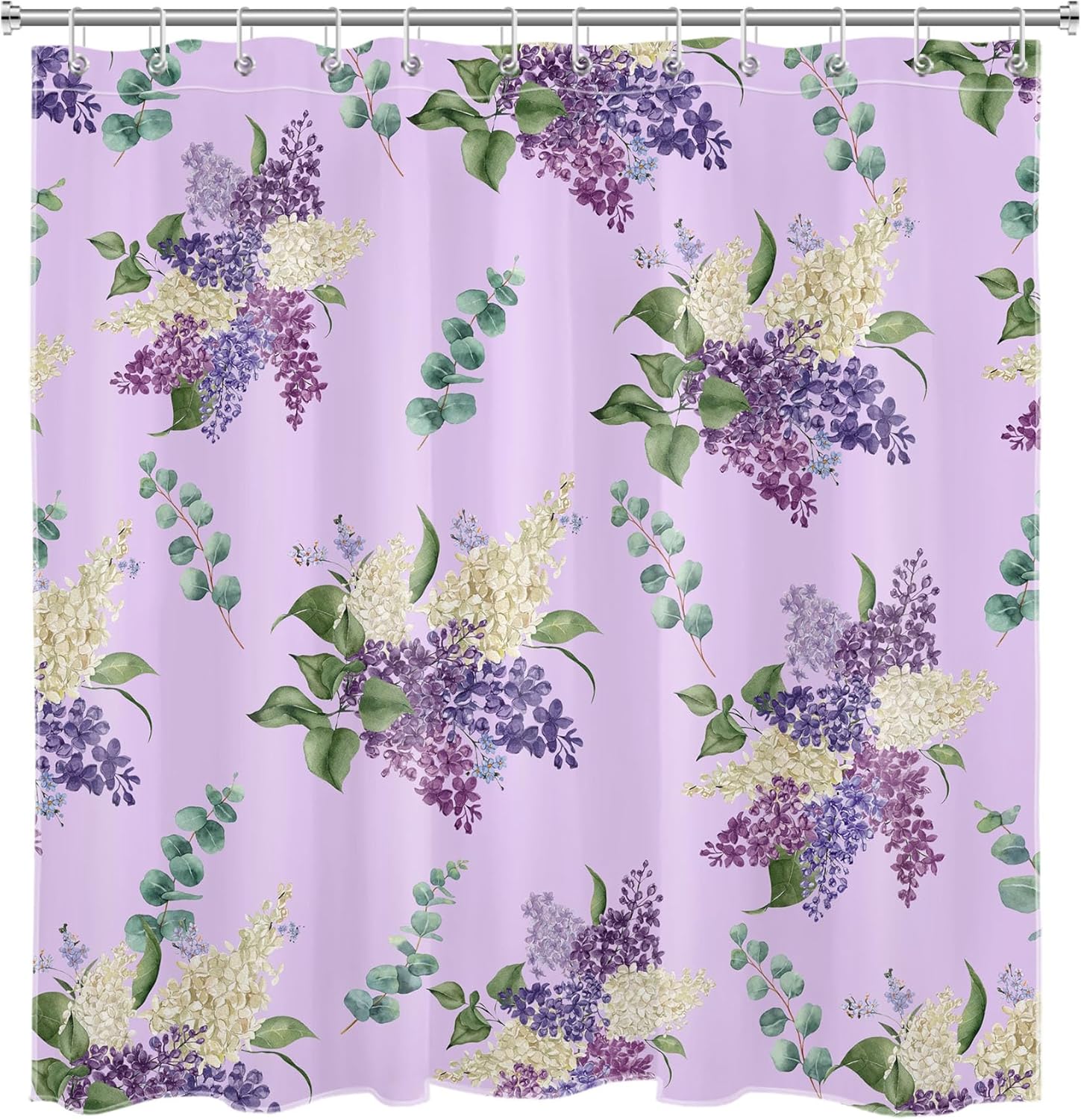 Cortina de ducha floral de acuarela para baño, flores silvestres con hojas verdes y hojas de eucalipto sobre púrpura, cortina de ducha con 12