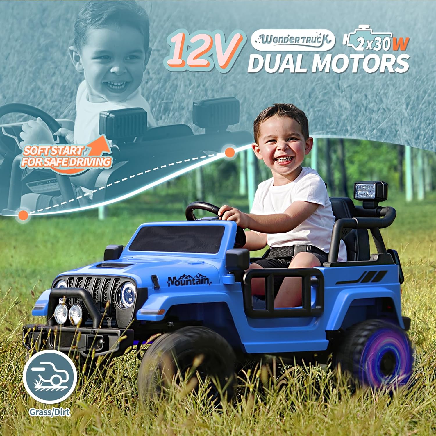 Joywhale Vehículo eléctrico motorizado para niños de 12 V, con control remoto, suspensión de 4 ruedas, luces LED, música y FM, cinturón de