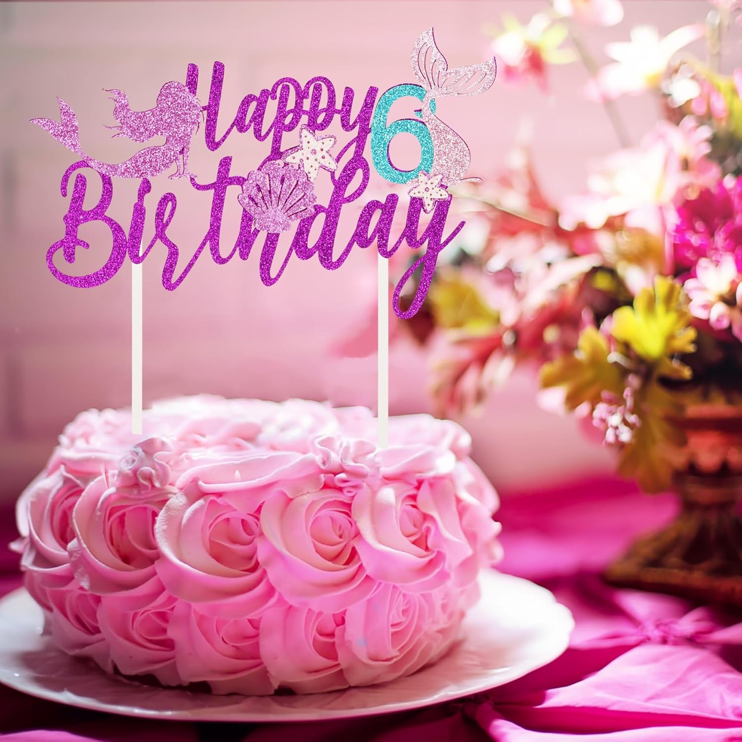 Decoración para pastel de cumpleaños con diseño de sirena de 6 cumpleaños, diseño de estrella de mar y conchas con purpurina, decoraciones para