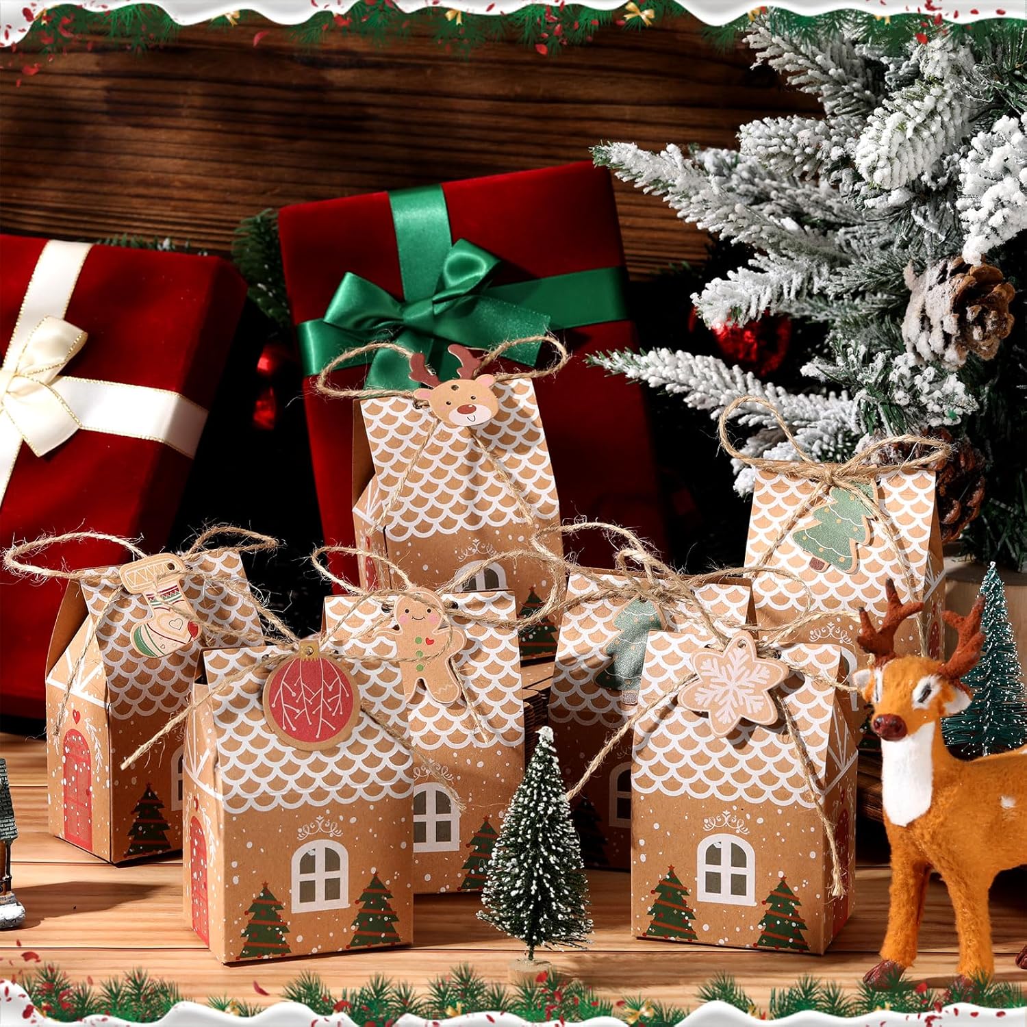 Qeeenar 200 bolsas de regalo de papel kraft de Navidad, 6 estilos, bolsas de dulces de Navidad, cajas de dulces de Navidad para galletas, regalos de