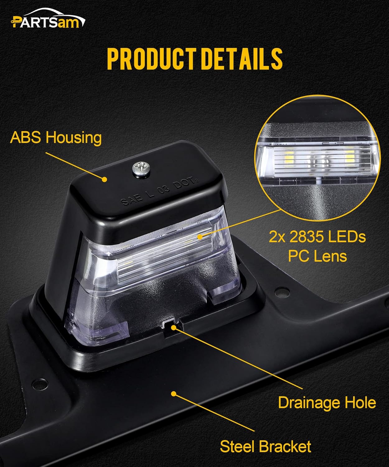 Partsam Luz LED para matrícula, impermeable, 12 V CC, con soporte, orificio de drenaje, soporte de acero, carcasa de ABS, lente de PC para remolque,