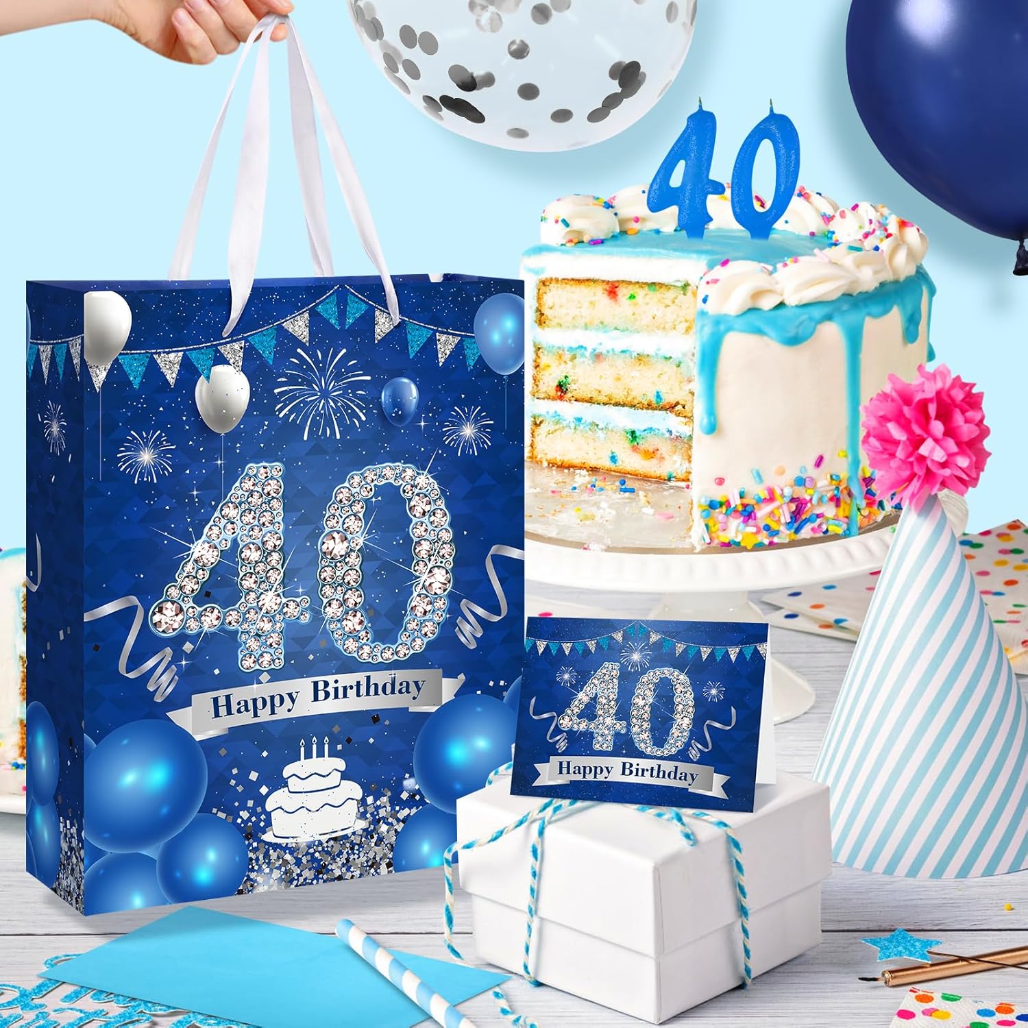 Bolsa de regalo de cumpleaños de 40 años, color azul marino y plateado, bolsa de regalo de 40 cumpleaños con papel de seda y tarjeta, bolsa azul