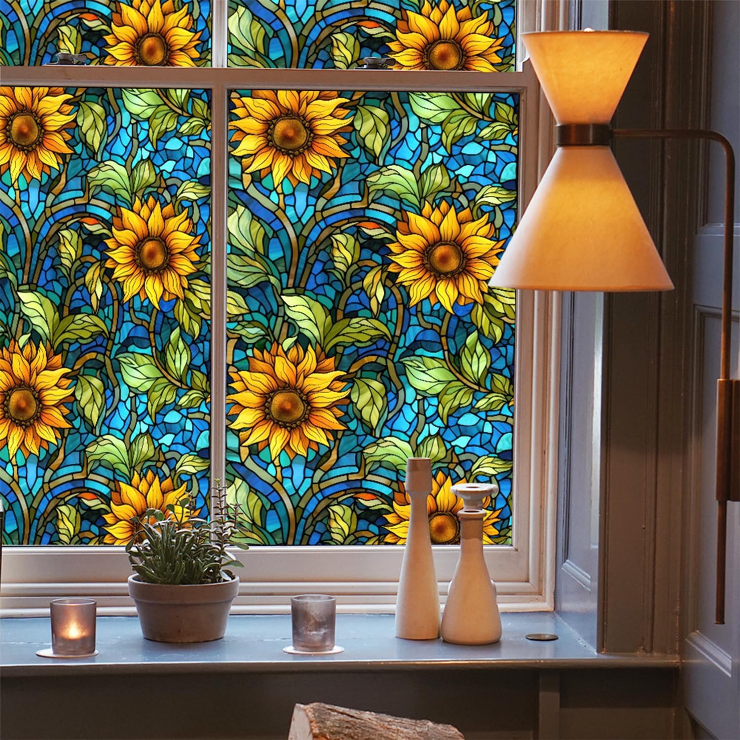 Película de privacidad de girasoles para vitral, película de privacidad no adhesiva, película de vidrieras para baño, ducha, puerta, calor, anti UV,