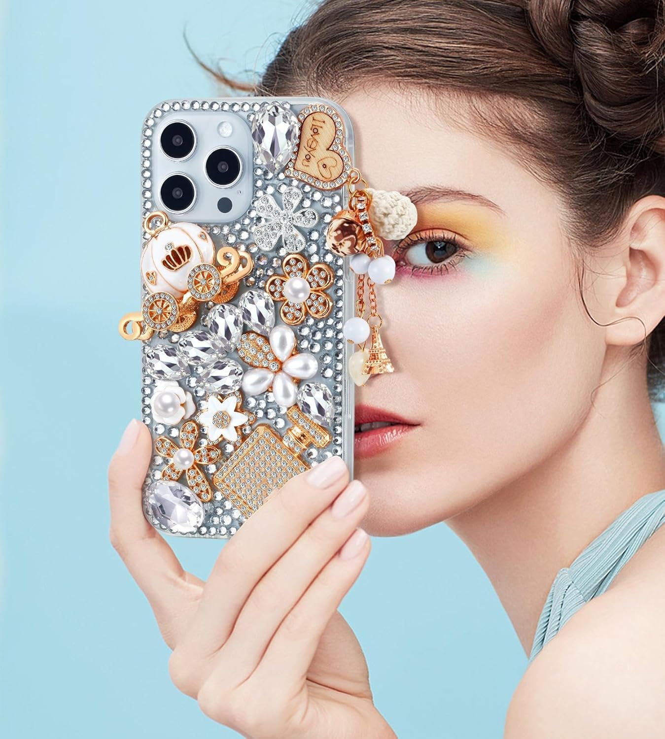 Funda protectora para iPhone 15 de 6.1 pulgadas, con diamantes de imitación de lujo, para mujeres y niñas, niños y niñas, con diseño de calabaza,