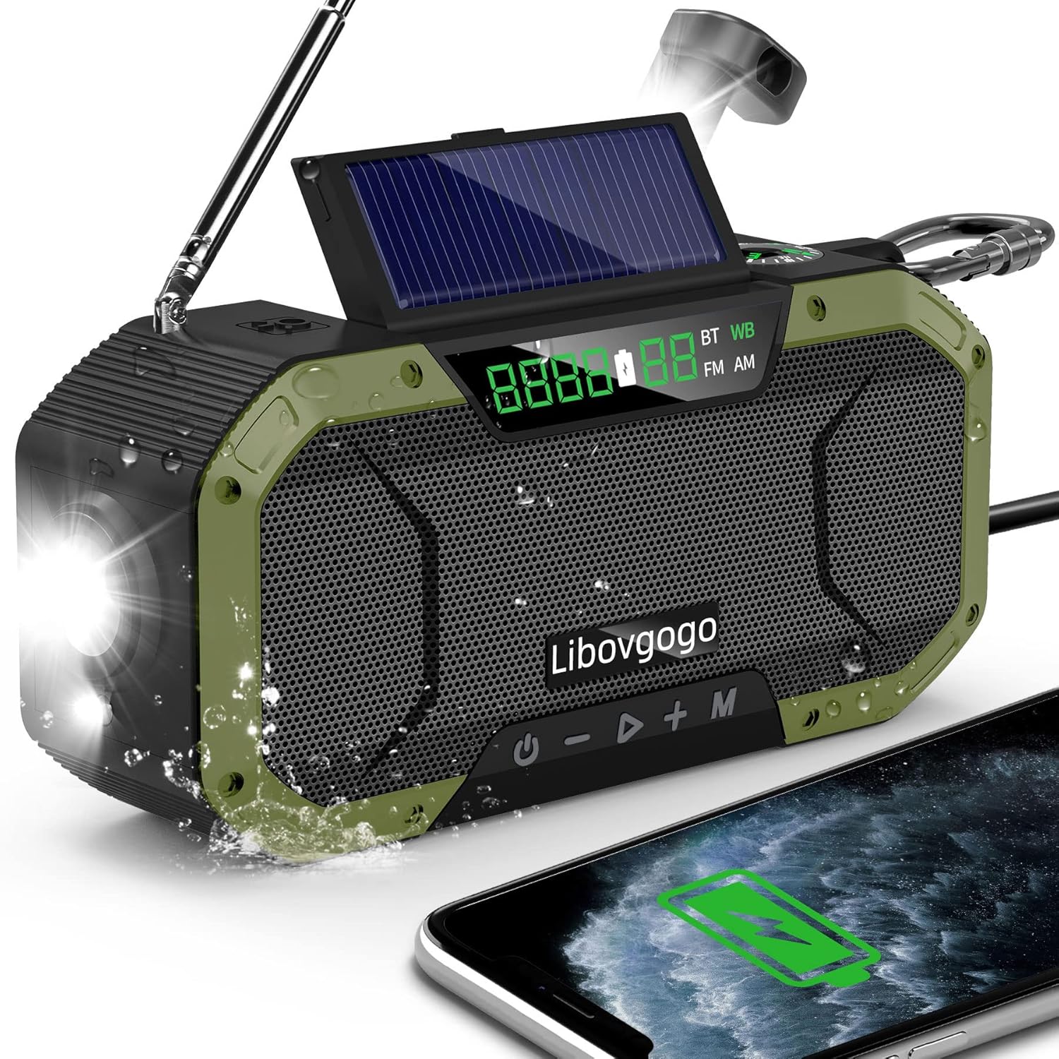 Libovgogo DF-585 – Linterna LED de emergencia para acampar, altavoz Bluetooth estéreo impermeable IPX5, radio de alerta meteorológica NOAA con
