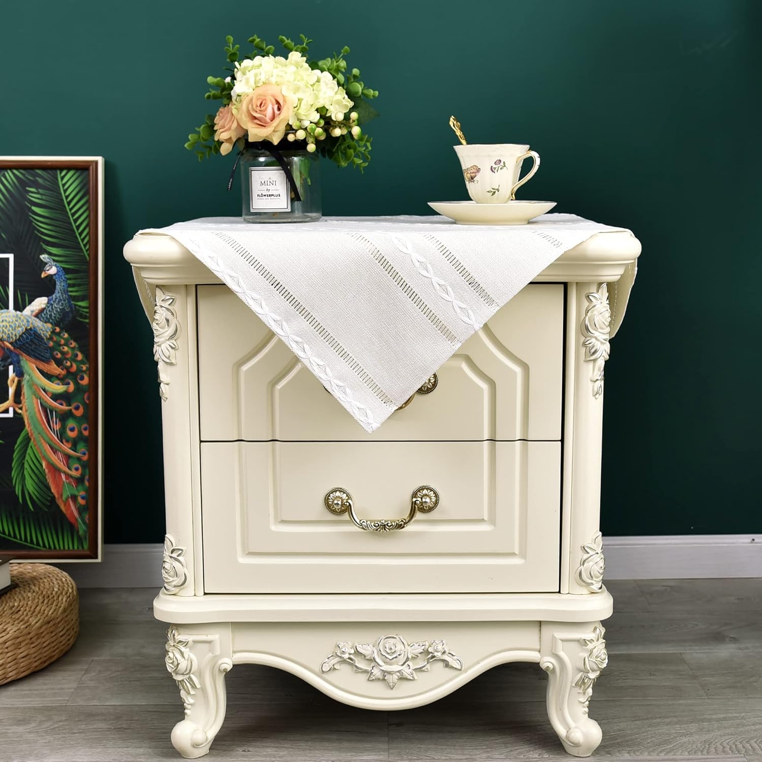 Mantel cuadrado pequeño bordado rústico de jacquard a rayas, mantel de lino lavable para mesa auxiliar de cocina, comedor, decoración del hogar, 24
