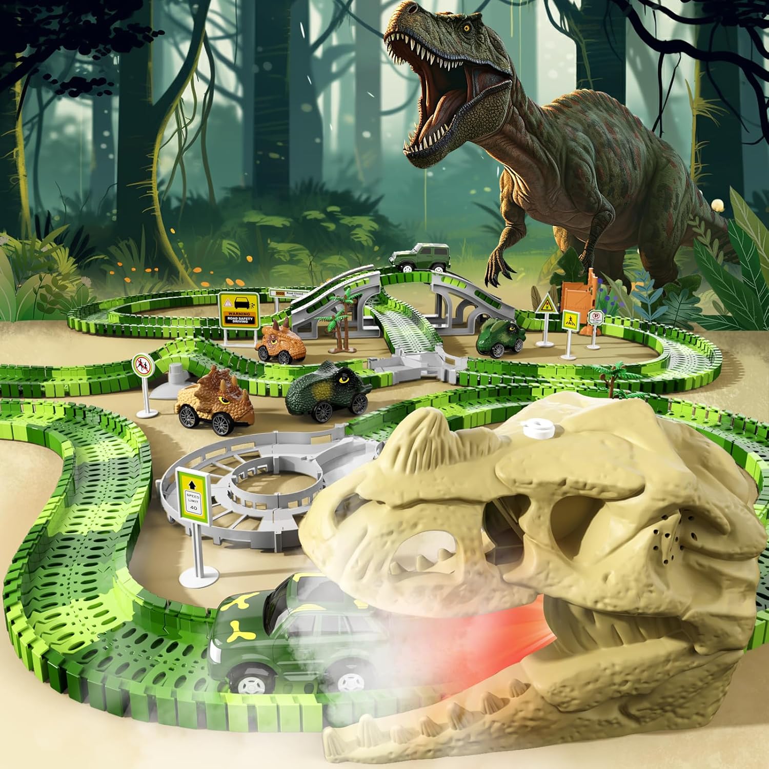 249 piezas de juguetes de carreras de dinosaurios con luz, sonido y aerosol, juguetes de dinosaurio para niños de 2 a 4 años, 3 a 5 años, regalos de