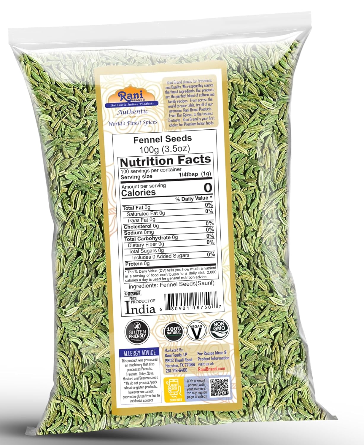 Rani – Semillas de hinojo (Saunf Sabut) – Especias enteras de 3.5 onzas (3.53oz)  Todo natural  Apto para gluten  Sin OMG  Veganas  Origen indio