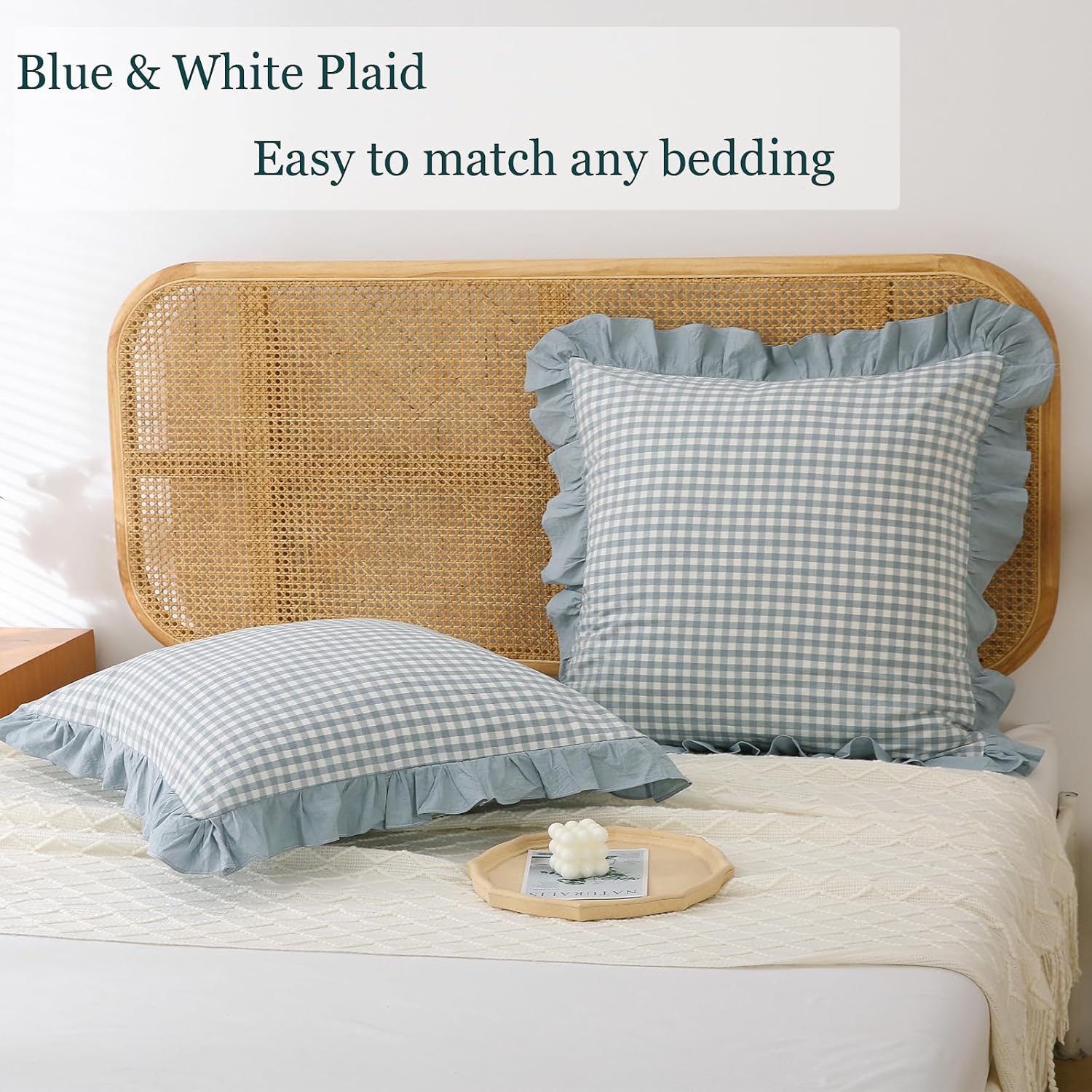 Juego de 2 fundas de almohada europeas a cuadros azules y blancos, fundas de almohada con volantes, fundas de almohada de algodón lavado a cuadros