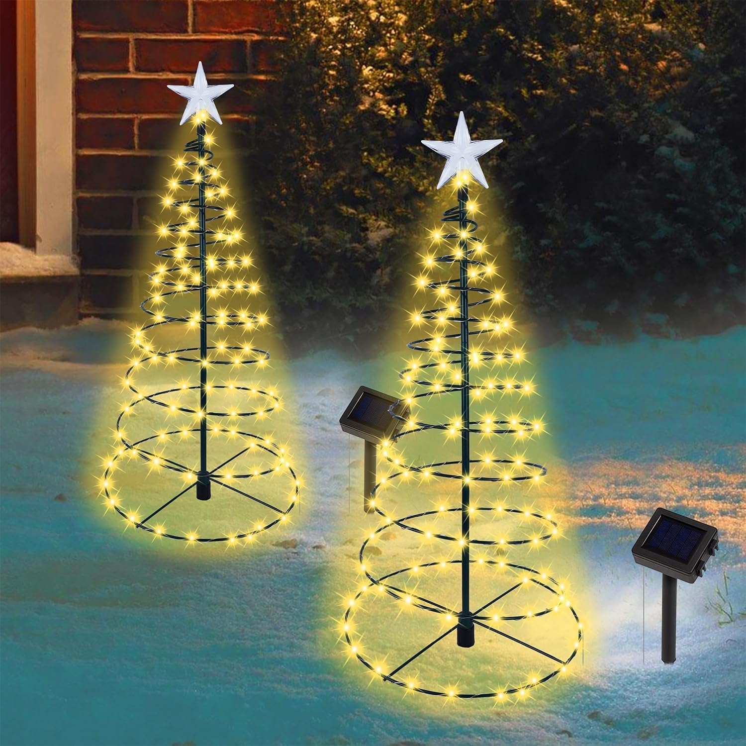 Dynaming Paquete de 2 árboles de Navidad solares en espiral con luces blancas cálidas, marcadores de camino de Navidad iluminados al aire libre de