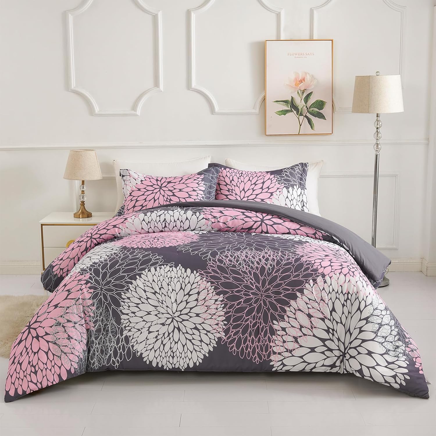 Koniroom Juego de edredón de 3 piezas, color rosa y gris, tamaño Queen, juegos de ropa de cama floral con estampado de flores rosas para mujeres,