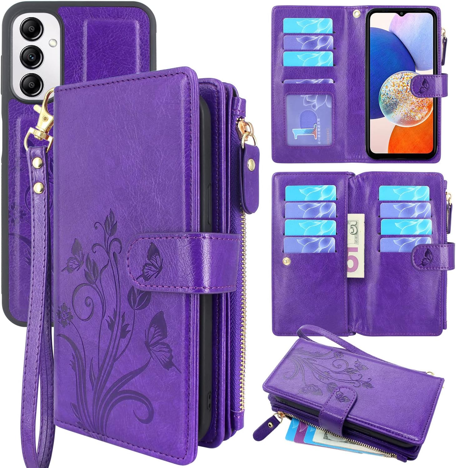 Lacass Funda para Samsung Galaxy A14 5G 2023, 12 ranuras para tarjetas Soporte para dinero en efectivo para tarjetas de identificación, bolsillo con