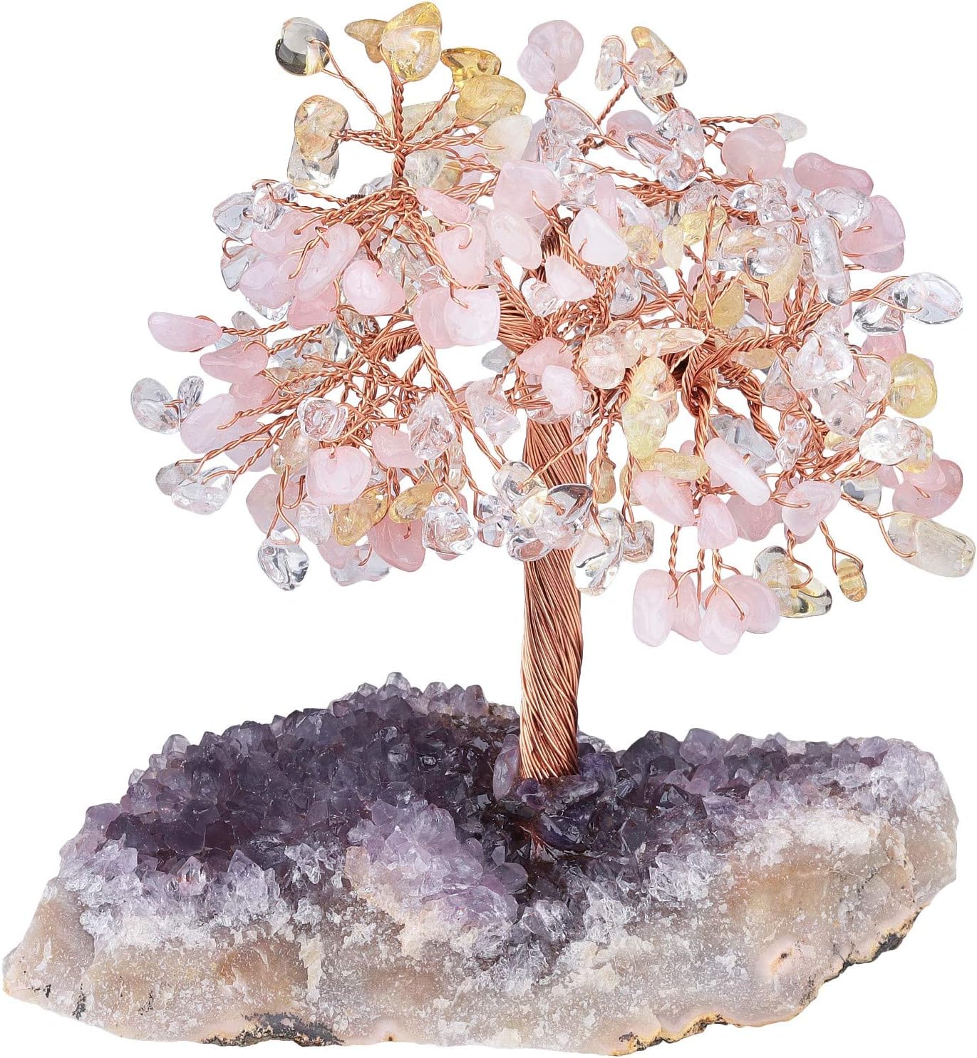 Yatming – Árbol de piedra curativa de cuarzo rosa, cuarzo rocacitrino con base de racimo de geoda de amatista natural, decoración de árbol bonsái de