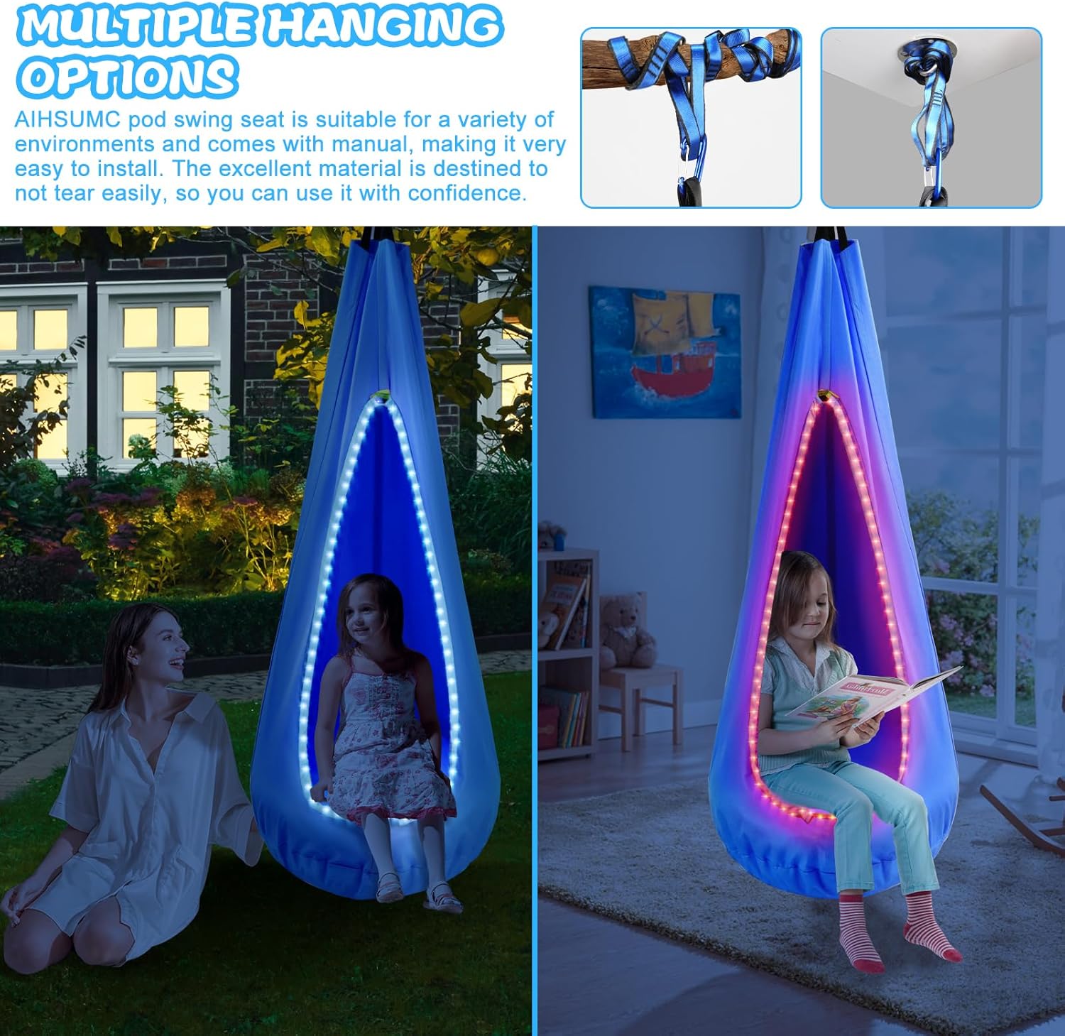 Asiento columpio para niños, hamaca colgante con tira de luces LED y cojín inflable, silla giratoria sensorial para exteriores e interiores, máximo