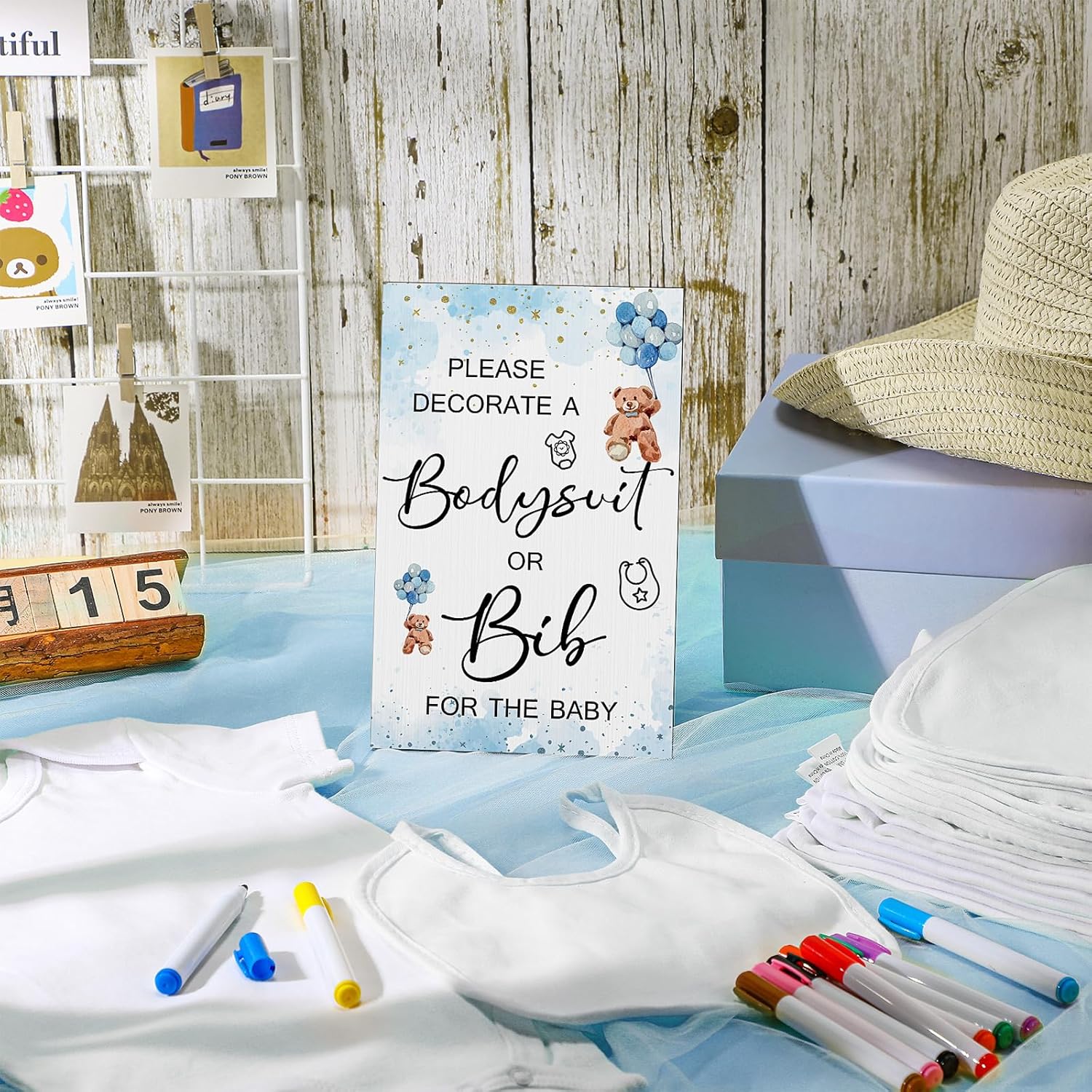 35 piezas de juegos de baby shower, diseño de baberos de bebé, letrero de madera para baby shower, letrero de bricolaje, 15 baberos blancos en