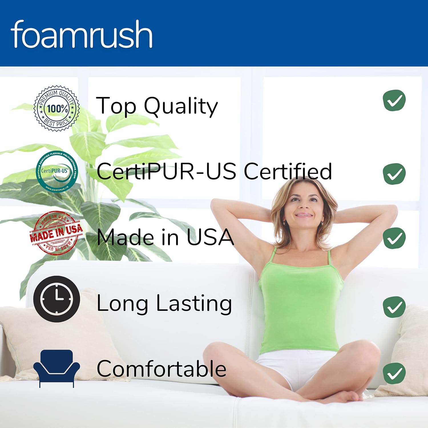 FoamRush Espuma de tapicería de 2 x 36 x 72 pulgadas de espuma firme de alta densidad con soporte suave (cojín cuadrado de espuma para sillas de