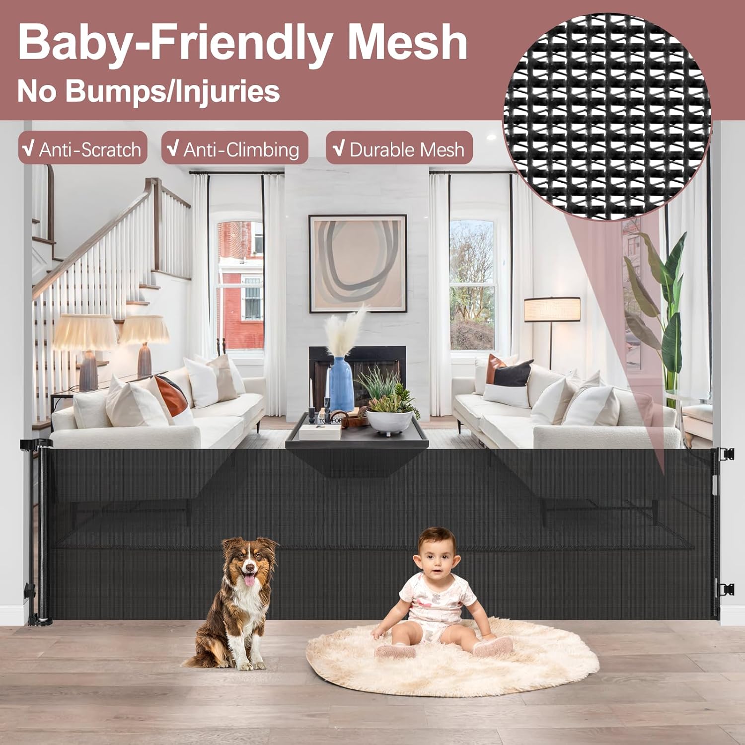 Puerta retráctil extra ancha de 85 pulgadas para bebé, puerta para interiores extra larga, puerta para perros al aire libre, puerta para perros