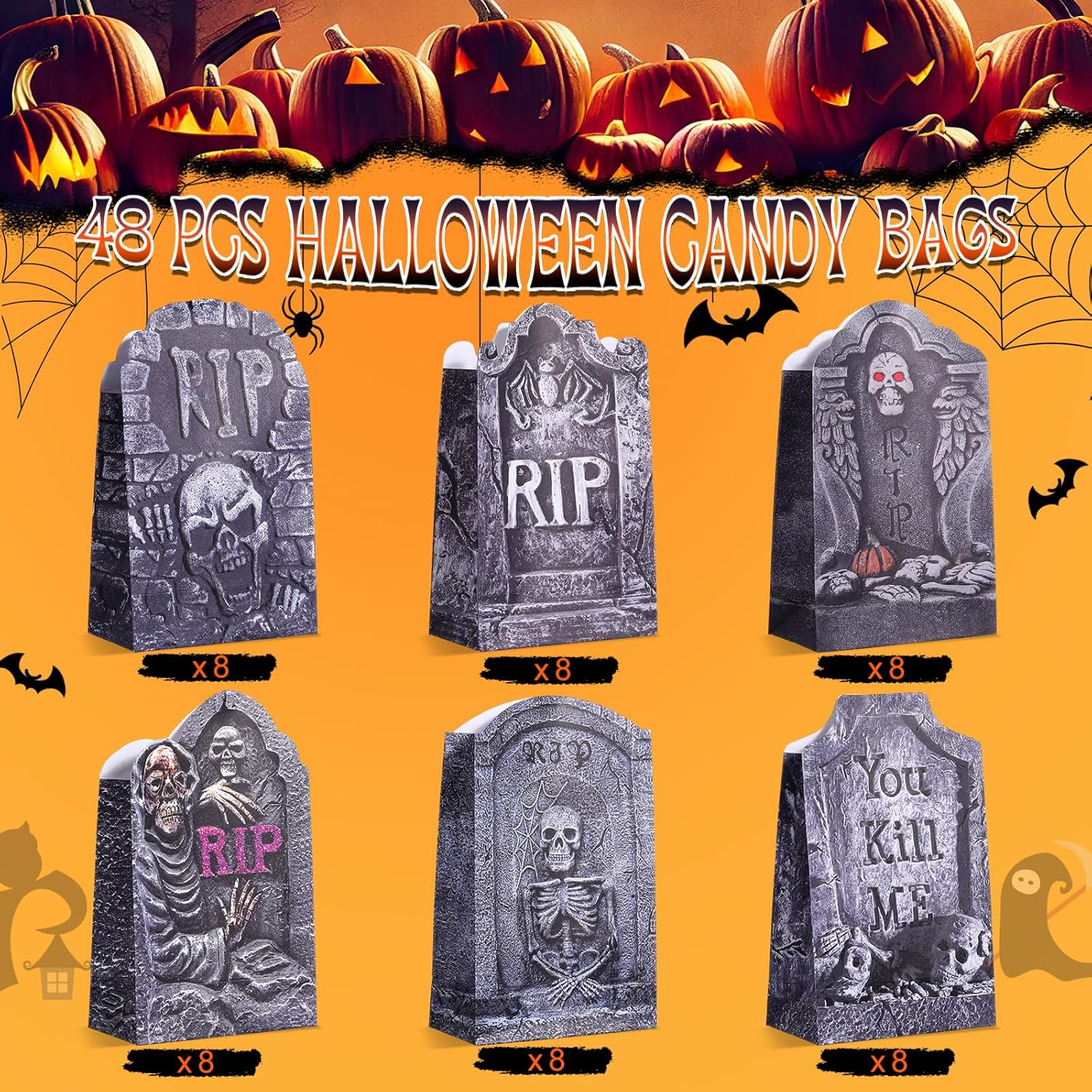Yeaqee 48 bolsas de papel de lápida de Halloween, bolsas de regalo de dulces de Halloween, bolsas de golosinas para dulce o truco, bolsas de
