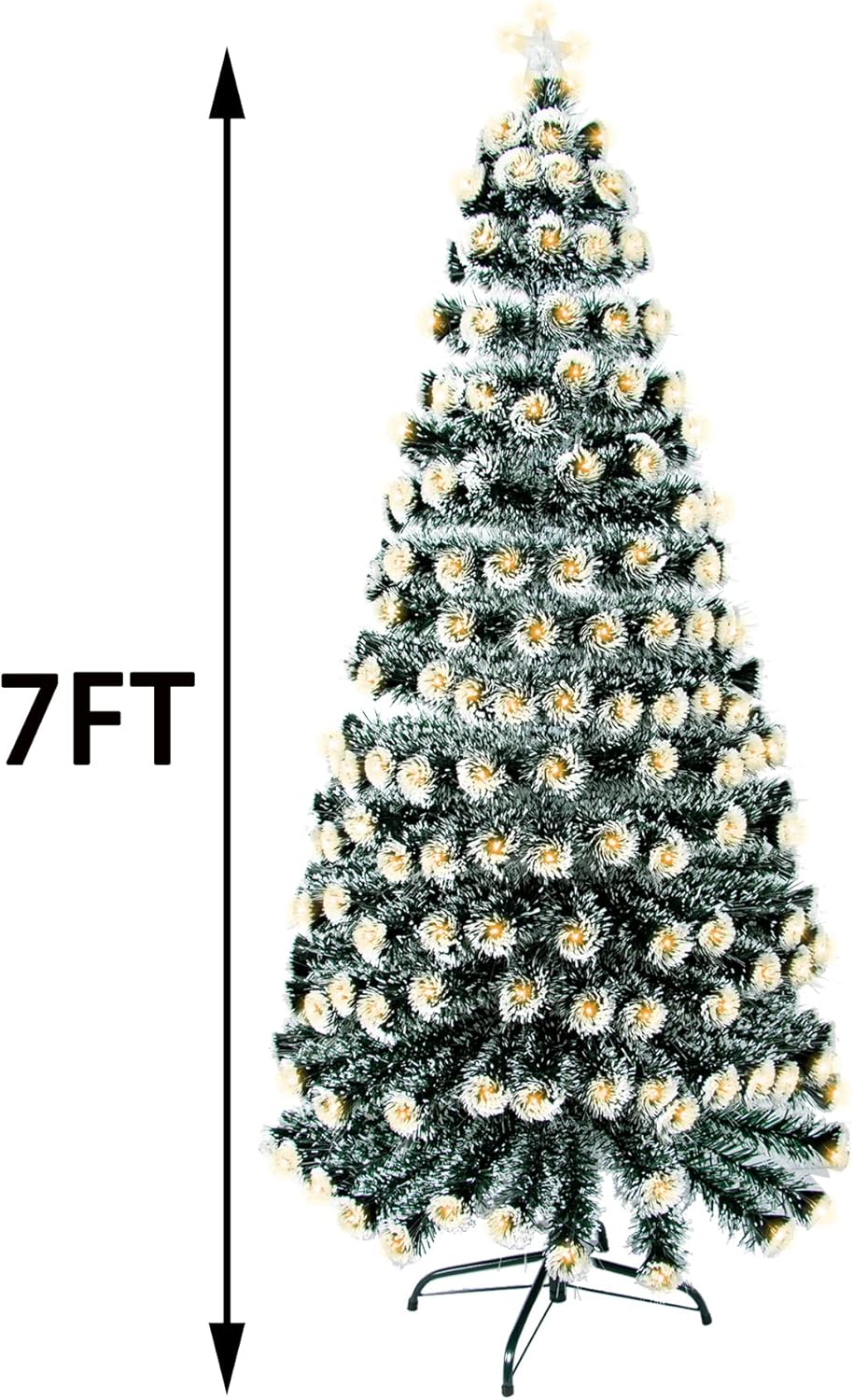 GEX Árbol de Navidad preiluminado de 7 pies con luces, 8 modos, luces cálidas amarillas, verde oscuro artificial con borde blanco, pino con soporte