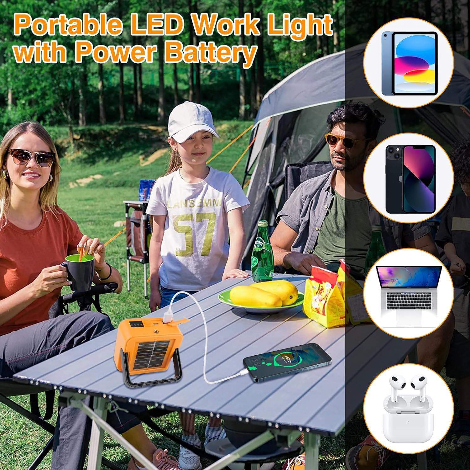 Luz solar portátil LED de trabajo, 2 piezas de 50 W, 400 lm (equivalente a 100 W) recargable de 80 LED, luz magnética con 4 modos de luz para fallo