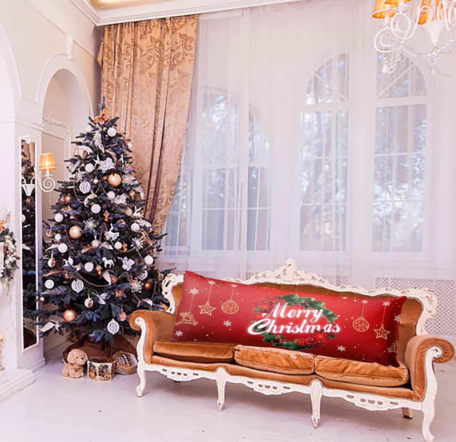 Corona de Navidad, funda de almohada de cuerpo de campana, adornos de Navidad, fundas de almohada de cuerpo suave, de dos lados diferentes impresas,
