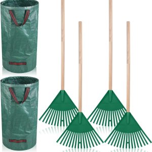 4 rastrillos para niños de 38 pulgadas con mango de madera desmontable y 2 bolsas reutilizables de 32 galones para desechos de jardín, rastrillos de 4 rastrillos para niños de 38 pulgadas con mango de madera desmontable y 2 bolsas reutilizables de 32 galones para desechos de jardín, rastrillos de