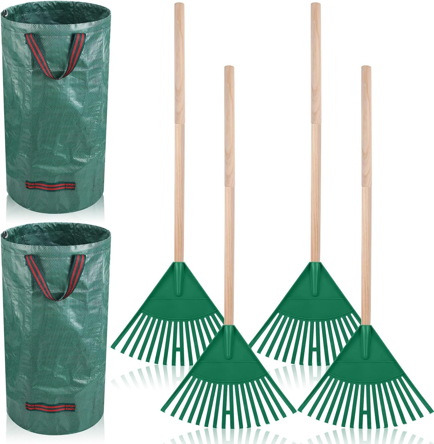 4 rastrillos para niños de 38 pulgadas con mango de madera desmontable y 2 bolsas reutilizables de 32 galones para desechos de jardín, rastrillos de