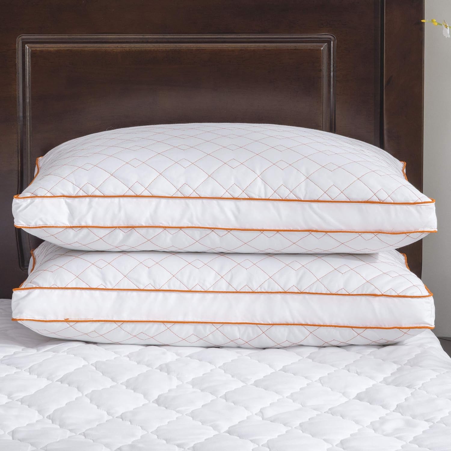 Juego de 2 almohadas de plumón de ganso para dormir con funda de algodón 100% premium, Algodón, Anaranjado, King