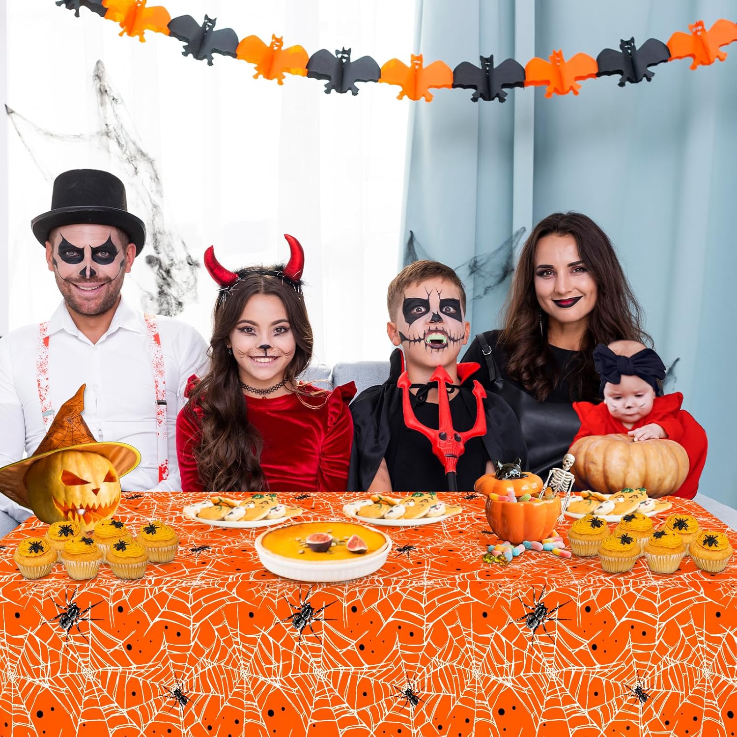 Manteles de arañas y telarañas de Halloween de 108 x 54 pulgadas, manteles desechables para fiesta de Halloween, manteles impermeables y duraderos