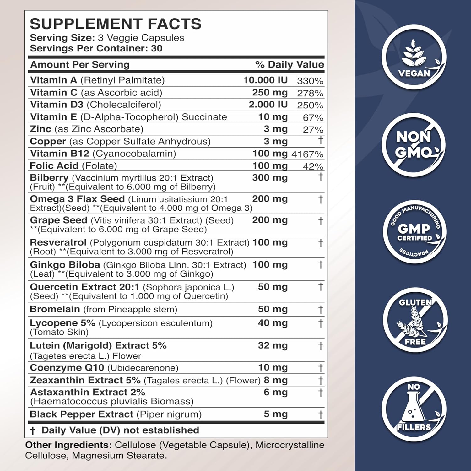 Suplementos de luteína y zeaxantina – Vitaminas para la salud ocular – Astaxantina, Omega 3, resveratrol, arándano, licopeno, quercetina, ginkgo