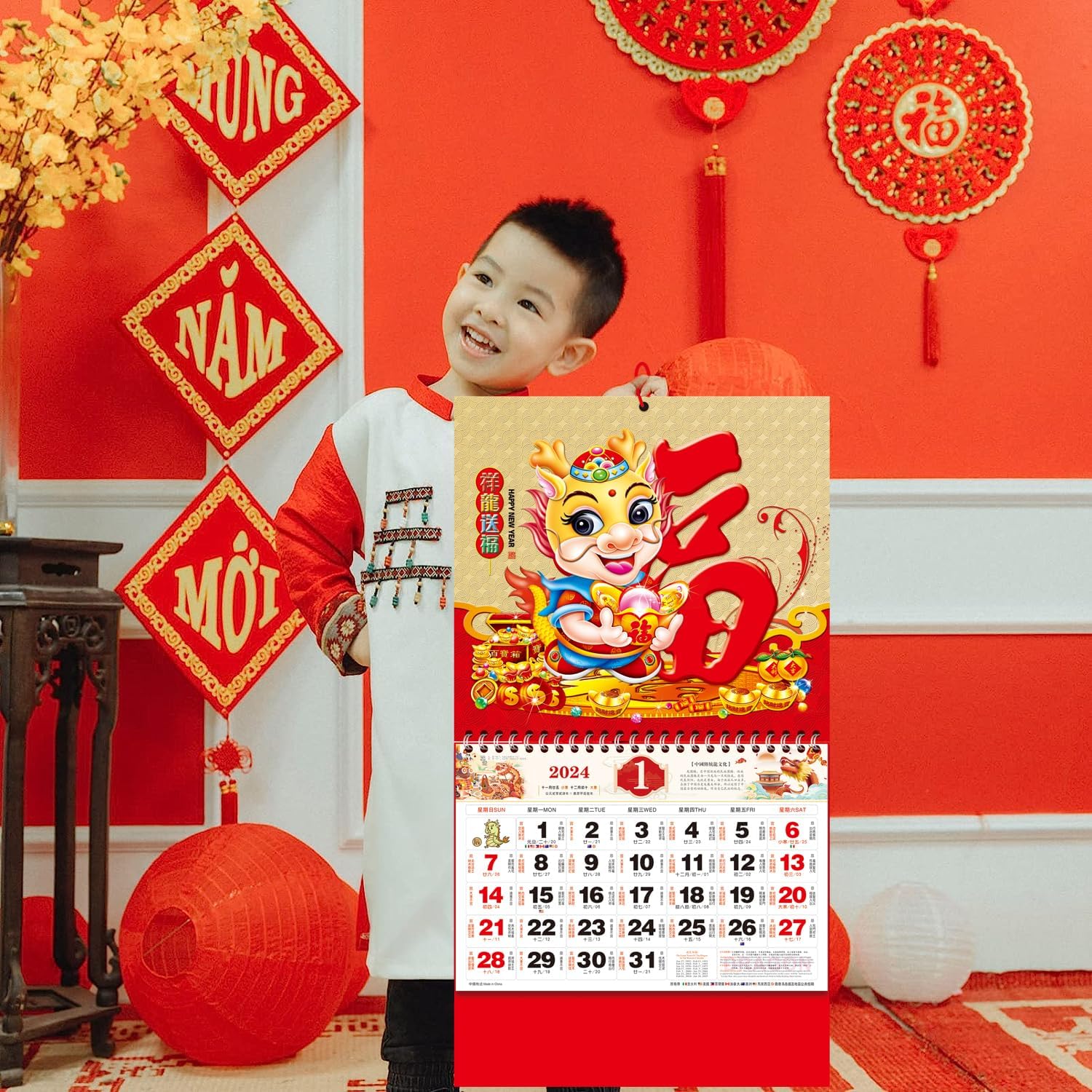 Calendario chino de pared del año del dragón 2024, calendario lunar chino 2024, calendario lunar mensual para decoración de año nuevo chino,