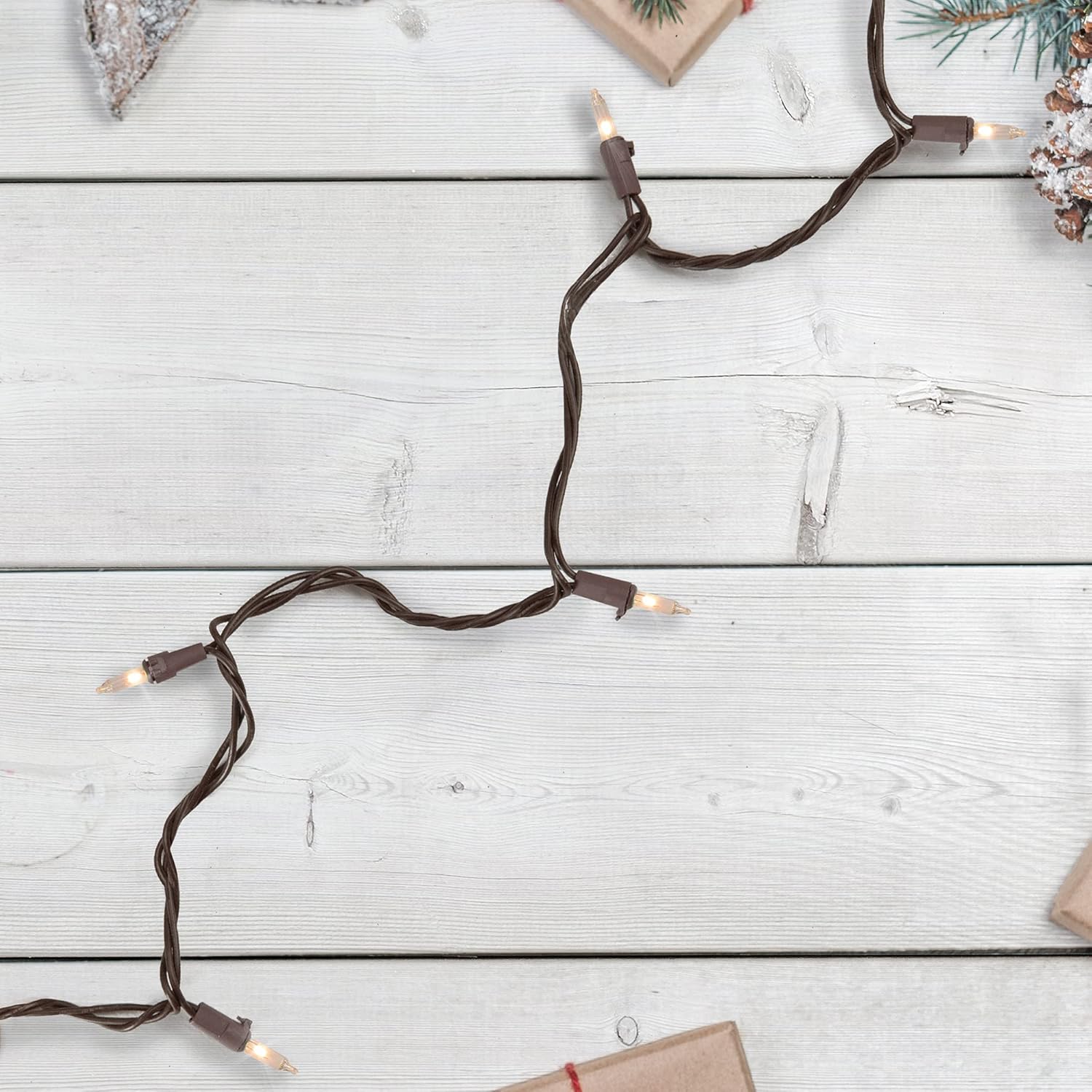 Juego de 20 mini luces navideñas transparentes, cable marrón de 4 pies