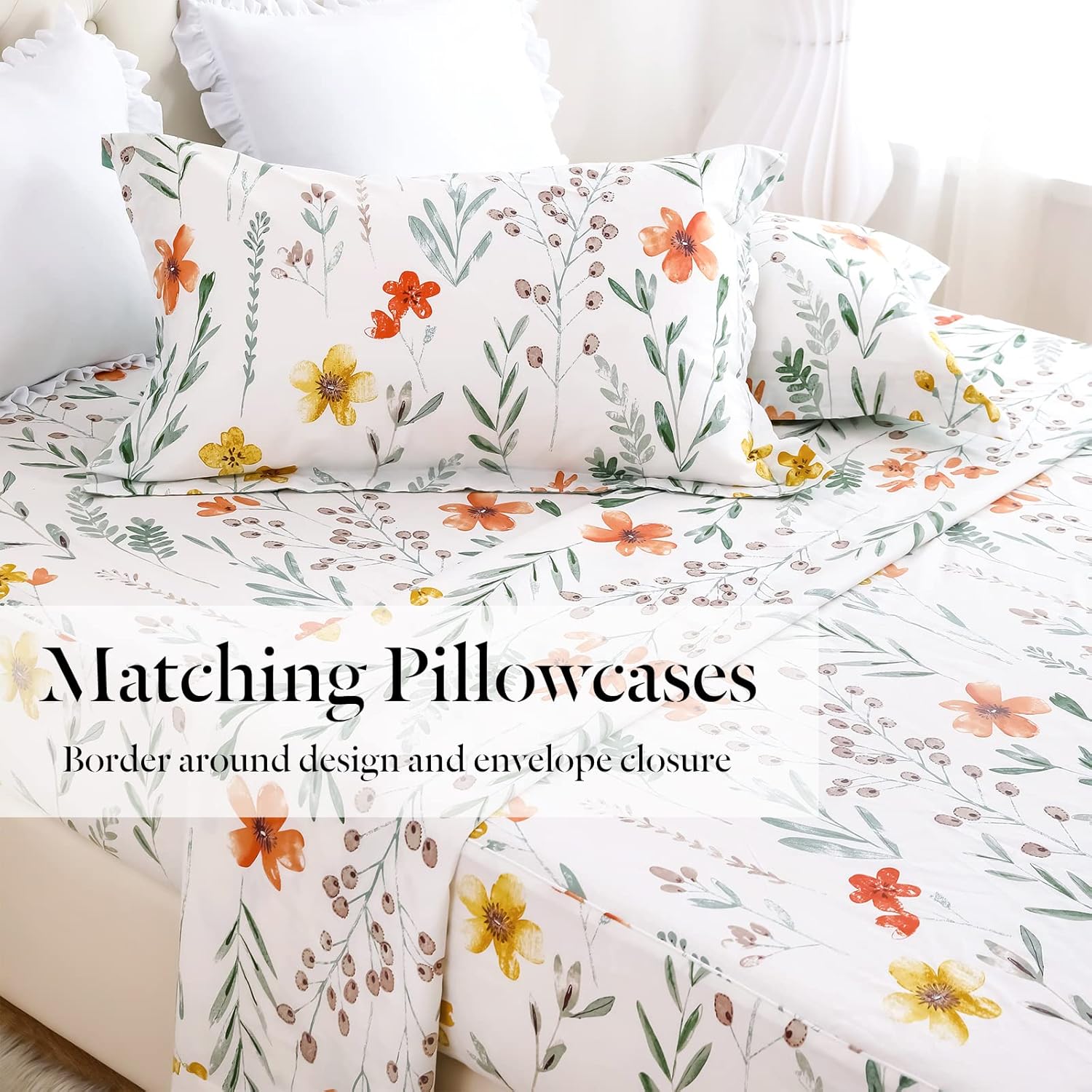 Lady Ann Sábanas florales 100% algodón para cama tamaño King, flores y plantas verdes, algodón botánico de lujo, estampado floral, sábana tamaño