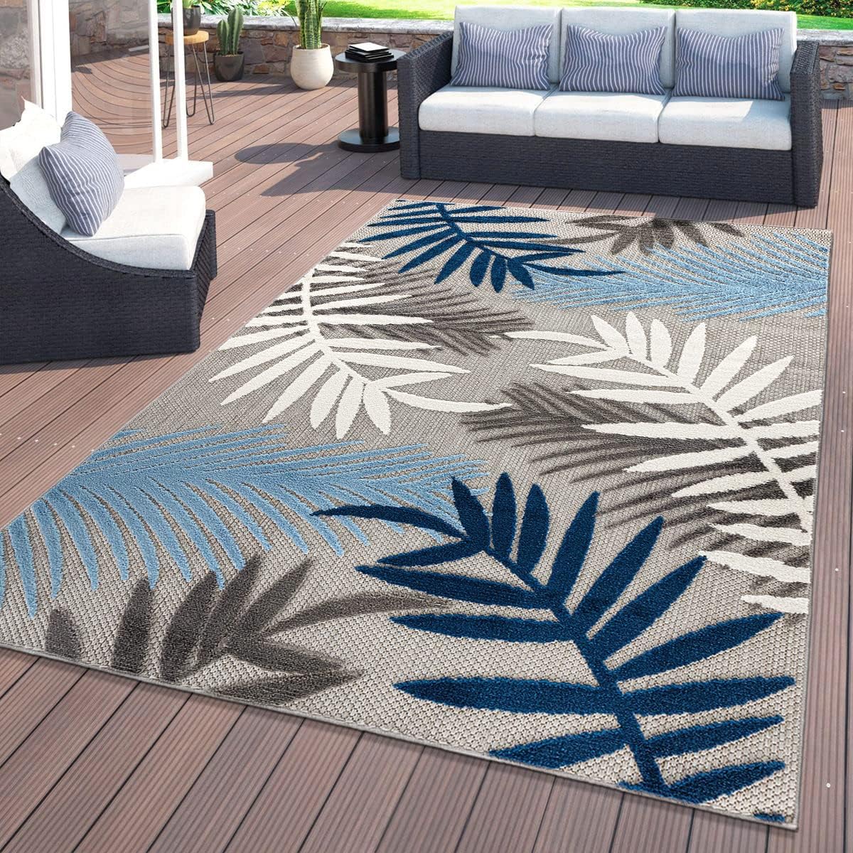 Rugshop Evora Palm Frond – Alfombra de área para patio, interior y exterior, no desprende pelusa, 5 x 7 pies, color azul