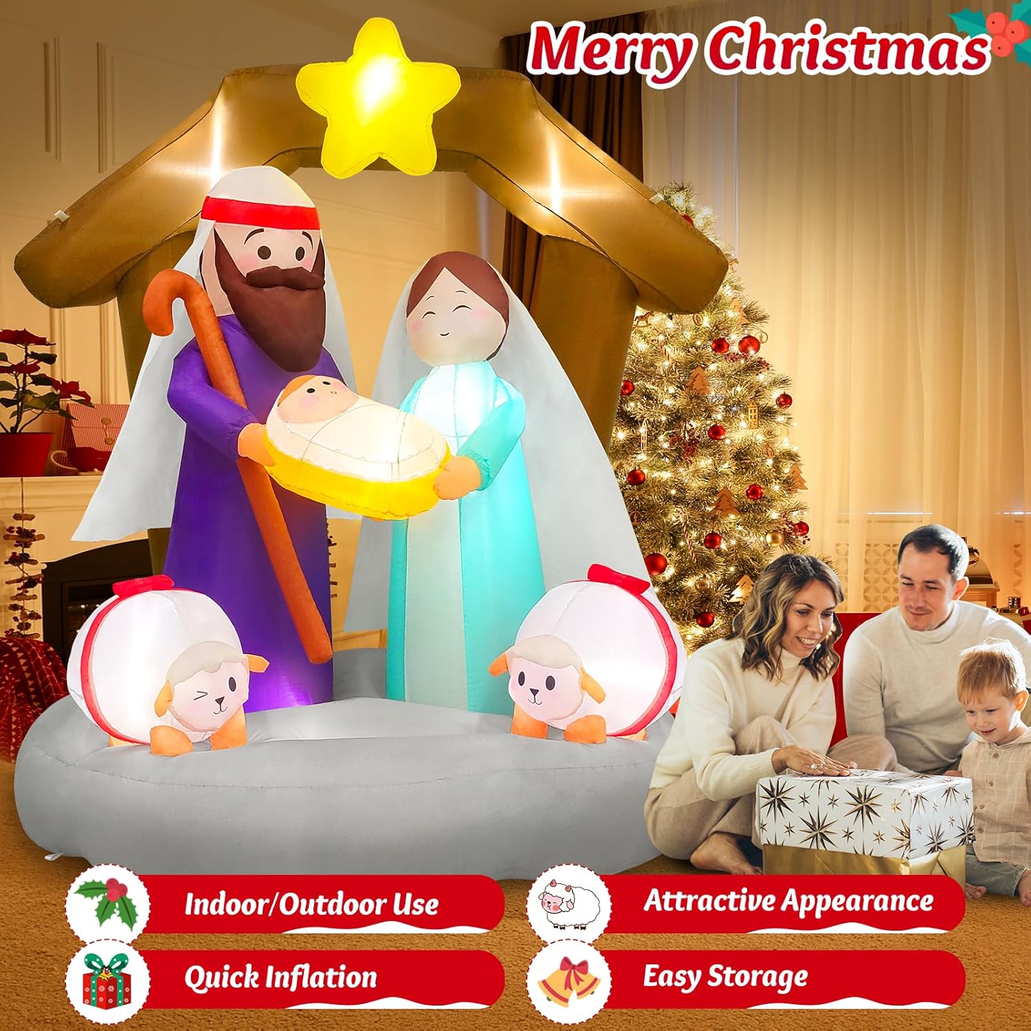 Decoraciones inflables de Navidad de 6 pies para decoración al aire libre, luces LED integradas, escena del nacimiento de Jesús, decoración de patio