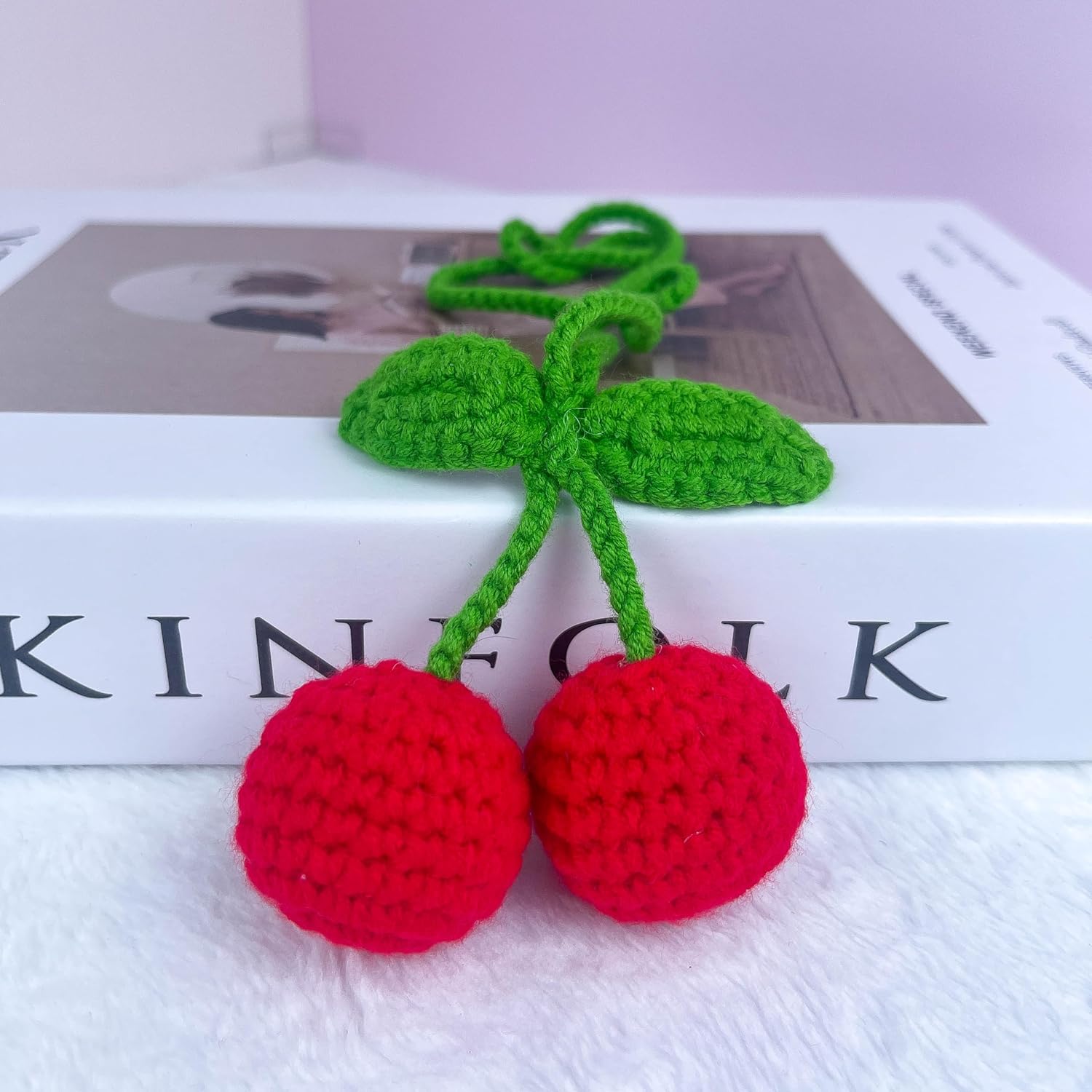 Adorno de coche de ganchillo hecho a mano de cerezo, bonito accesorio de espejo retrovisor de punto con fruta de cereza roja, decoración de árbol de
