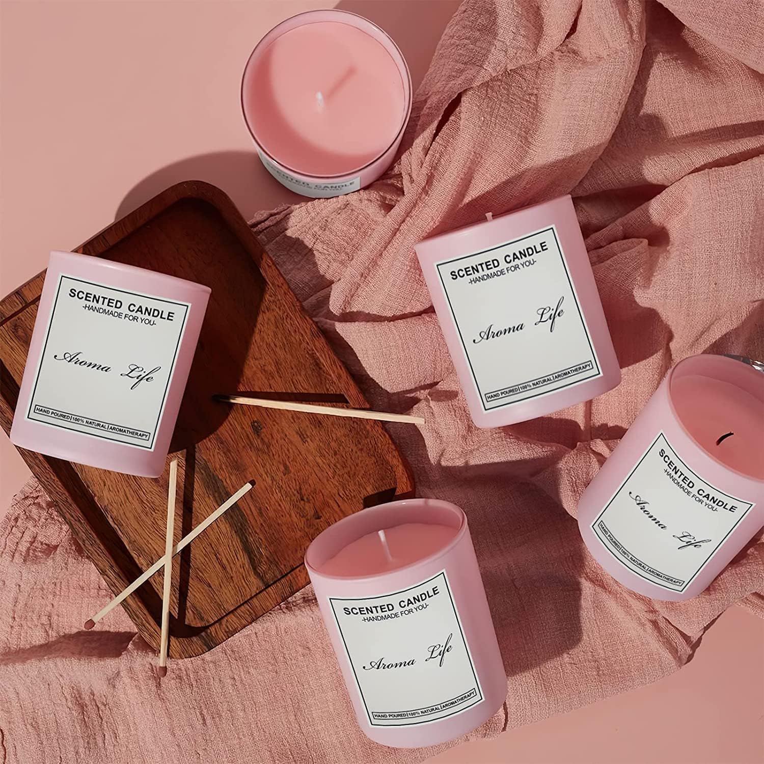 Creahaus Paquete de 16 tarros de vela gruesos de 10 onzas con tapas de bambú para hacer velas, recipientes de vela de vidrio vacío rosa a granel y
