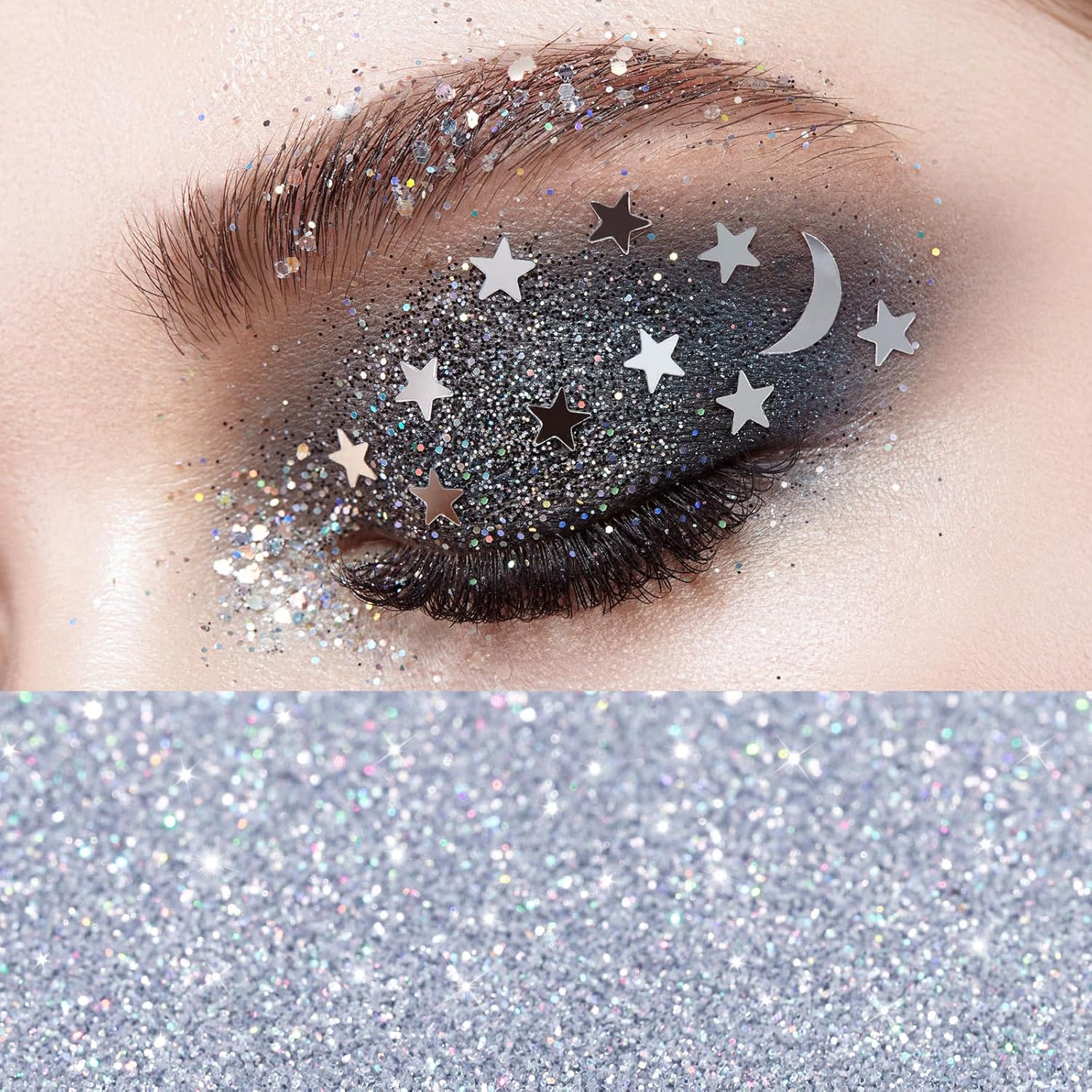 Brillos corporales plateados con pegamento de secado rápido, lentejuelas holográficas brillantes para cara, cabello, maquillaje de ojos, arte de