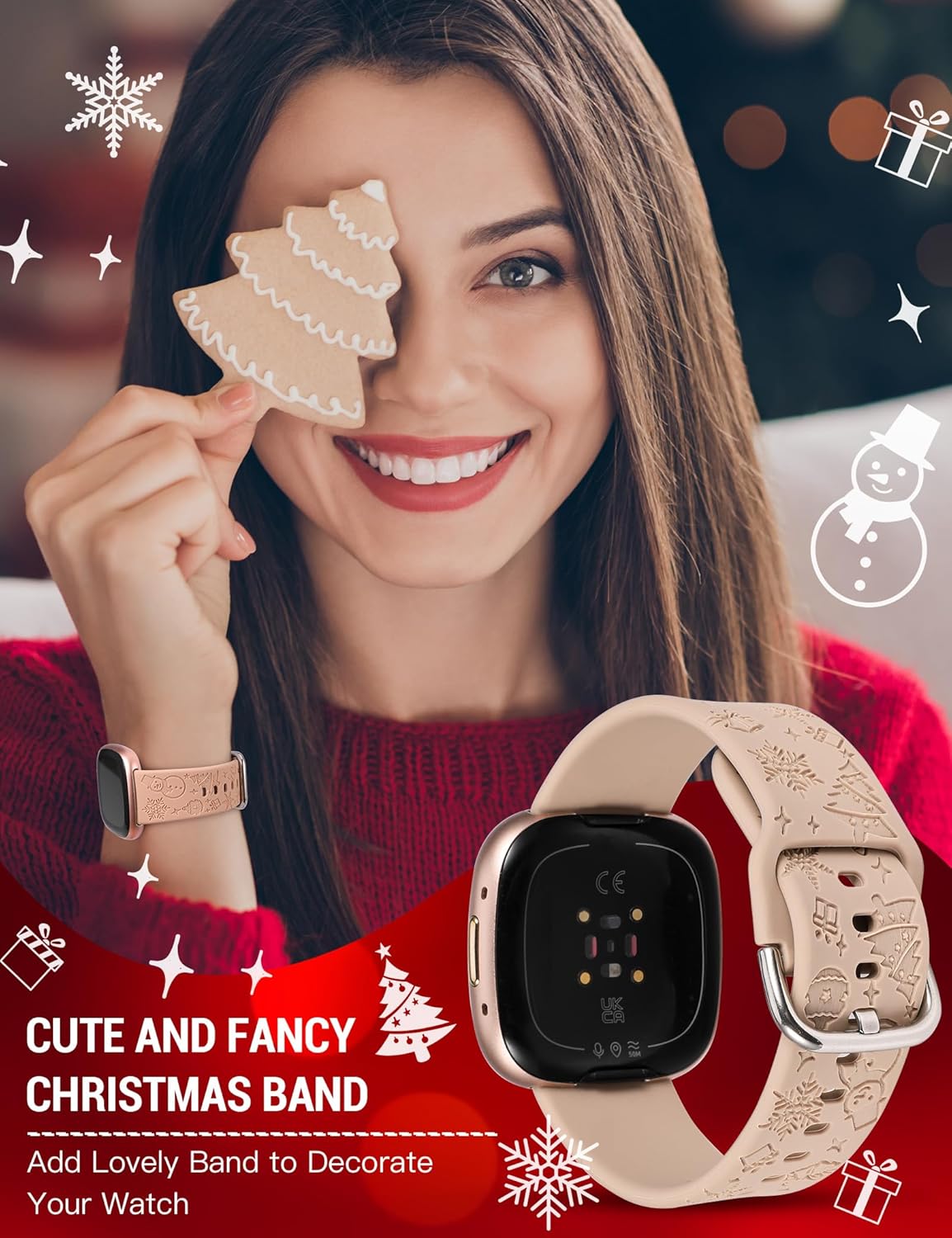 W-RARA Correa de reloj grabada de Navidad compatible con Fitbit Versa 4Versa 3Sense 2Sense, mujeres y hombres, silicona suave, lindo muñeco de