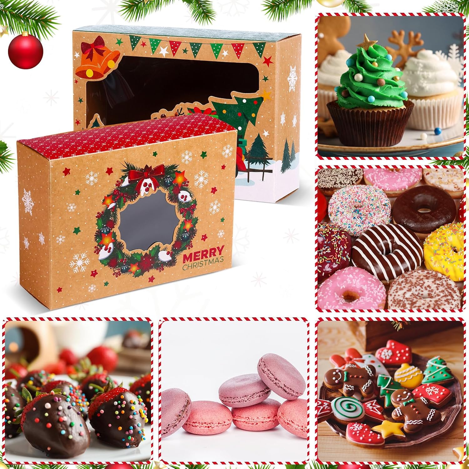 Outus 100 cajas de galletas de Navidad con ventana transparente, 4 estilos de contenedores de galletas de Navidad y 6 rollos de cordeles, cajas de