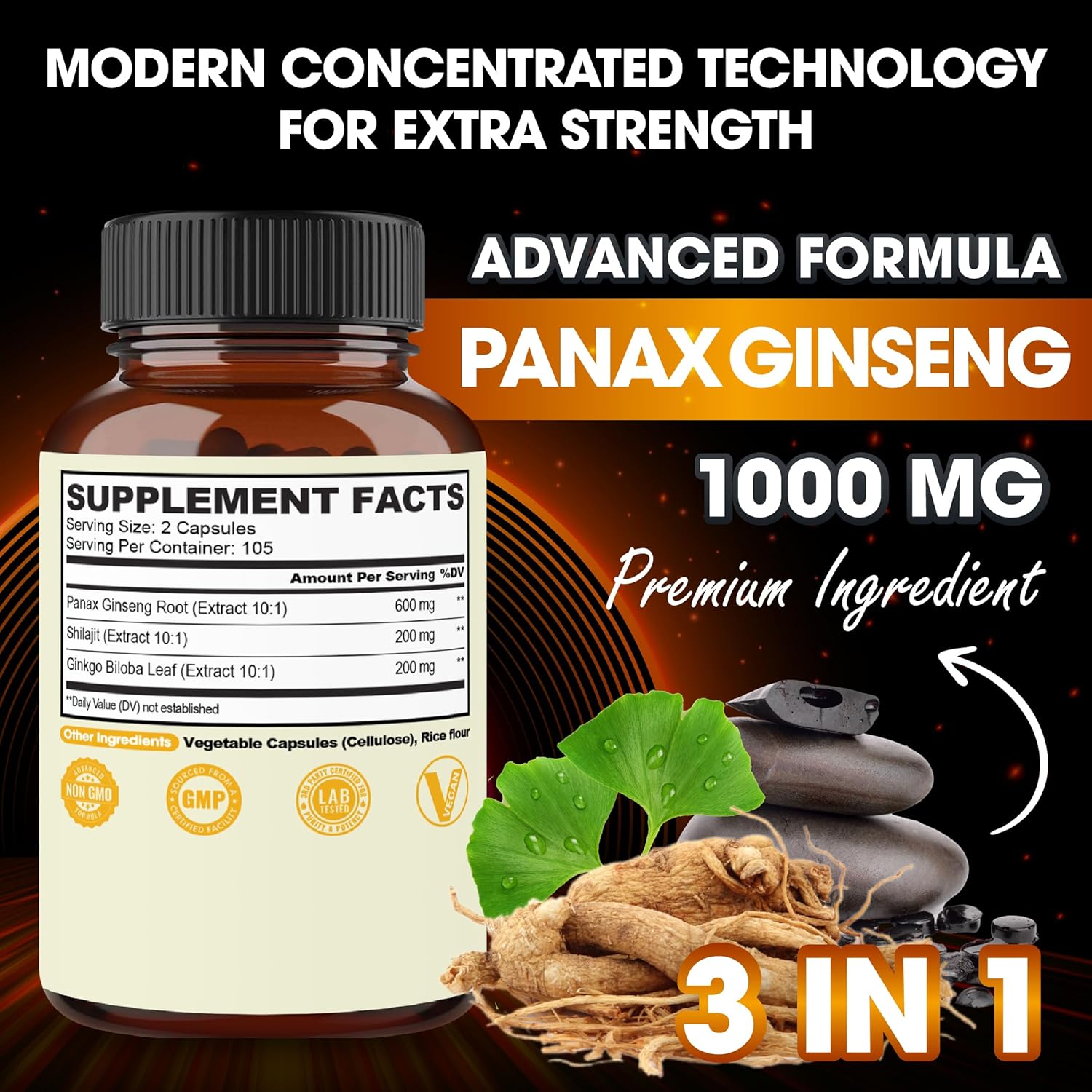 agobi Suplemento de Panax Ginseng de 1000 mg con Shilajit y Ginkgo – 210 cápsulas veganas – Fórmula súper concentrada para producción de energía,