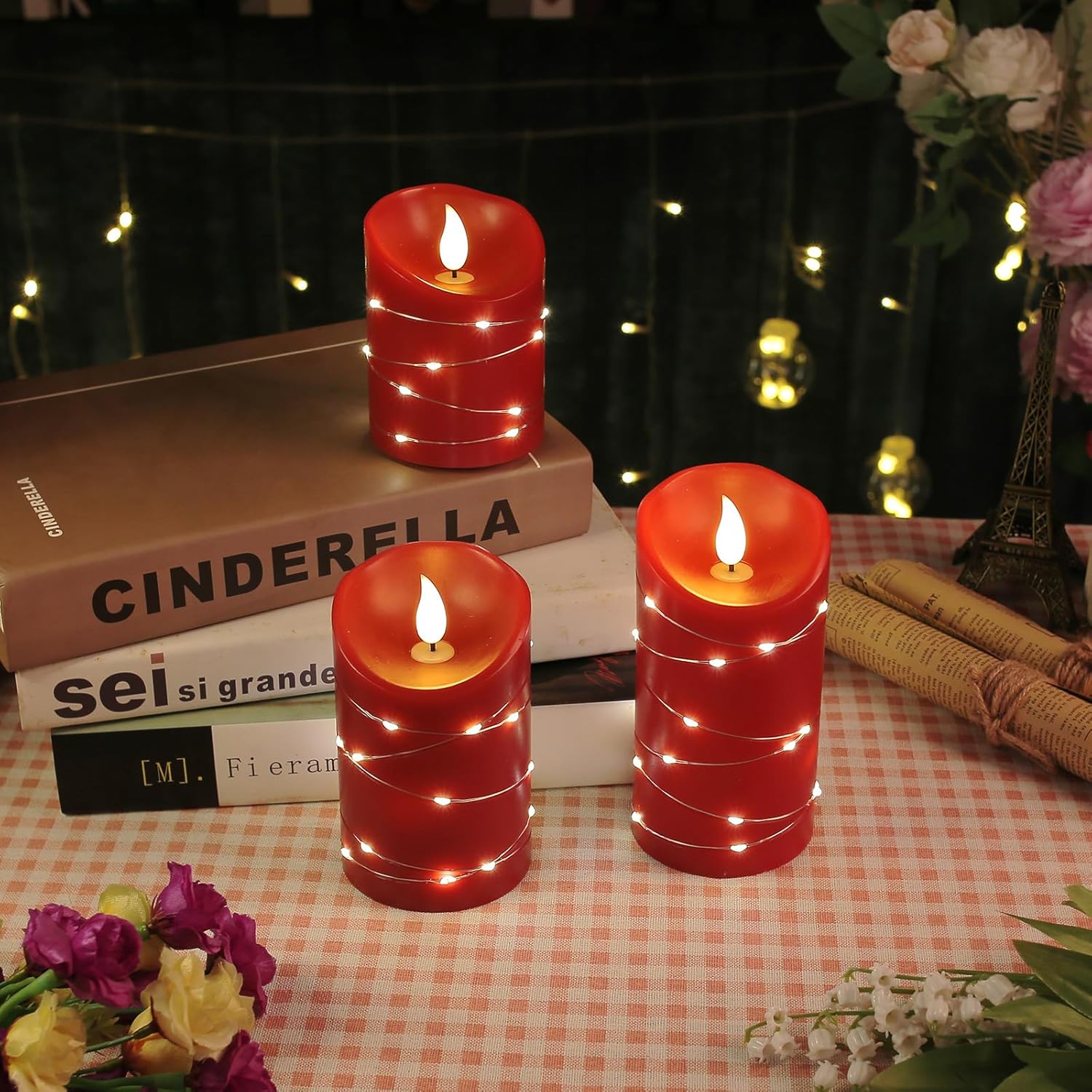 Vela sin llama recargable con cadena de velas LED con fuente de alimentación USB, control remoto, vela electrónica, luz intermitente, juego de 3