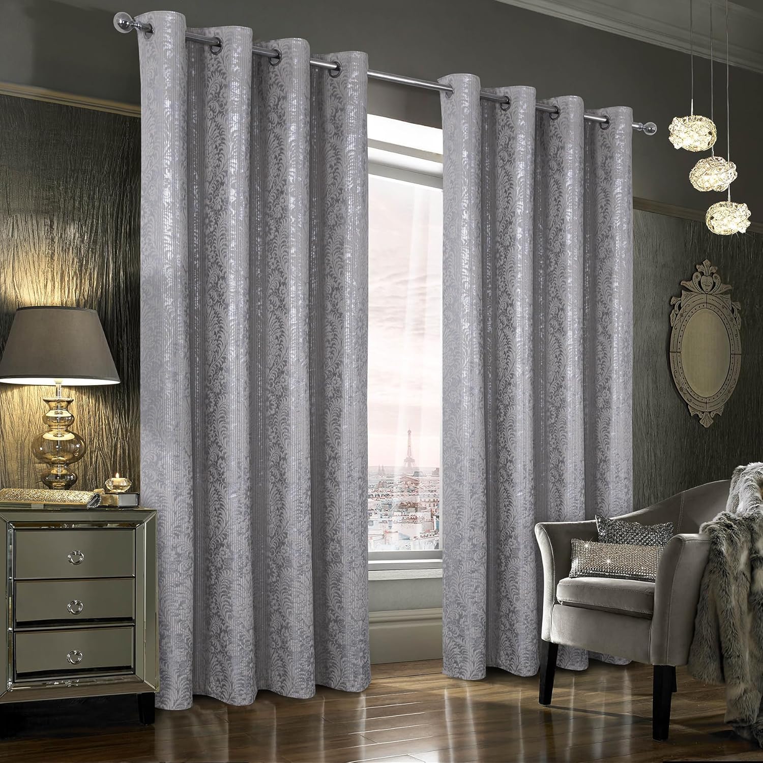 always4u Cortinas 100% opacas de terciopelo con estampado de lámina de damasco de 95 pulgadas de largo, 2 paneles de tratamiento metálico brillante