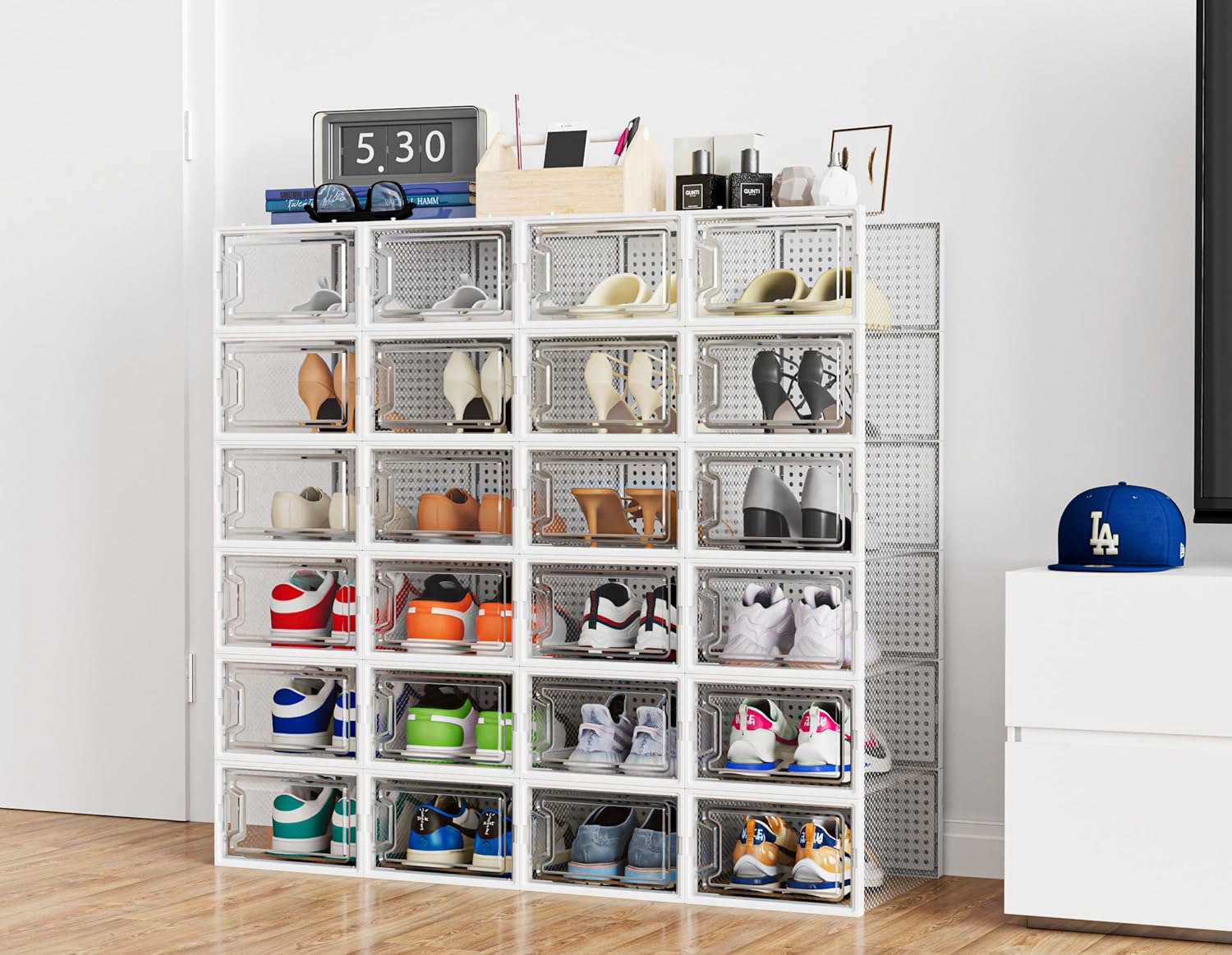 HOMIDEC Paquete de 12 cajas de almacenamiento de zapatos, organizador de zapatos para armario, caja de zapatos apilable de plástico transparente,