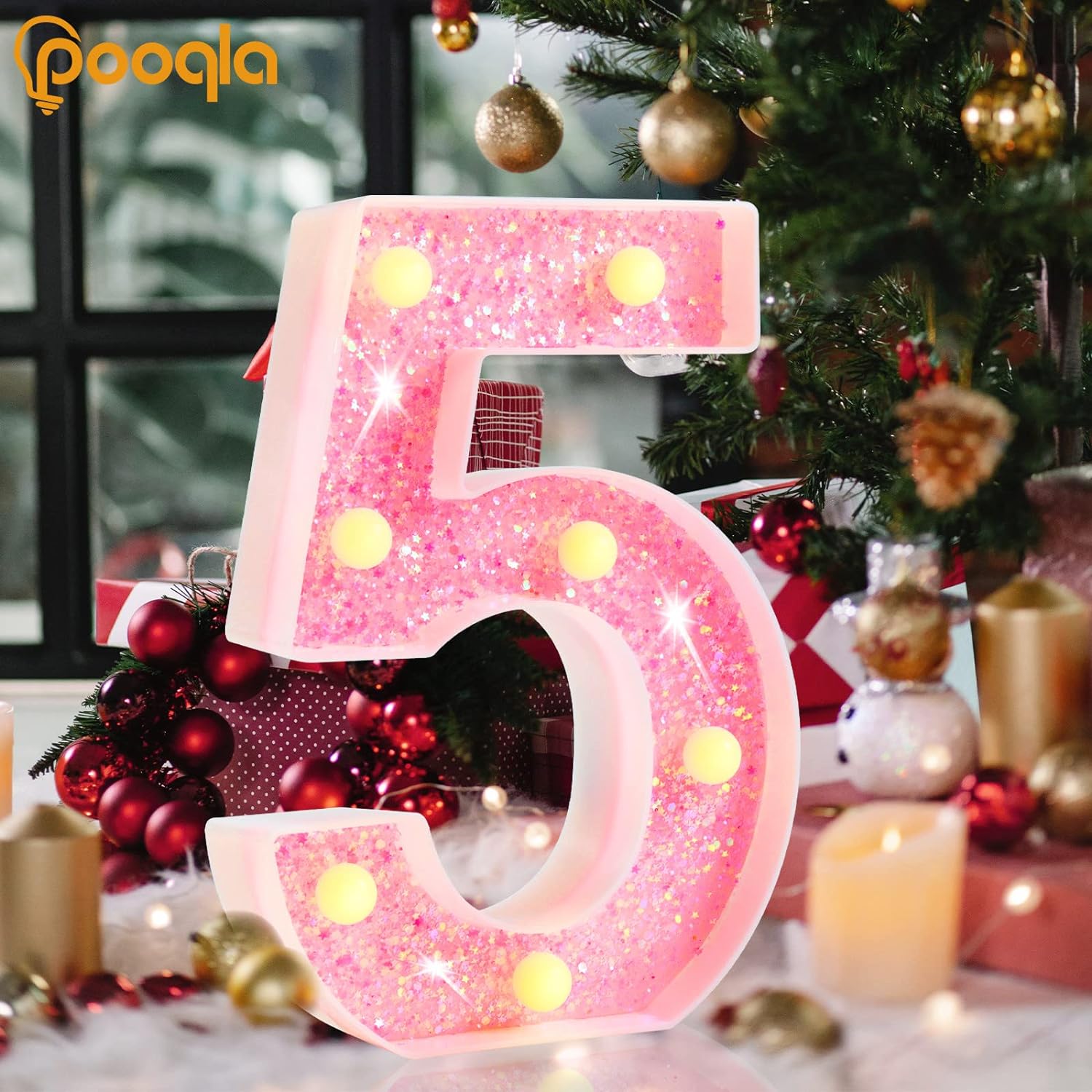 Pooqla Números de marquesina, números iluminados con pilas, números iluminados con purpurina para fiesta de cumpleaños, números LED brillantes para