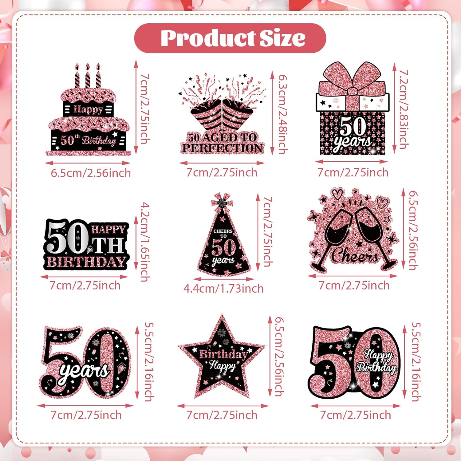 36 piezas de decoración para tartas de cumpleaños número 50, color oro rosa y negro, decoración para cupcakes de 50 años, 50 fabulosas selecciones